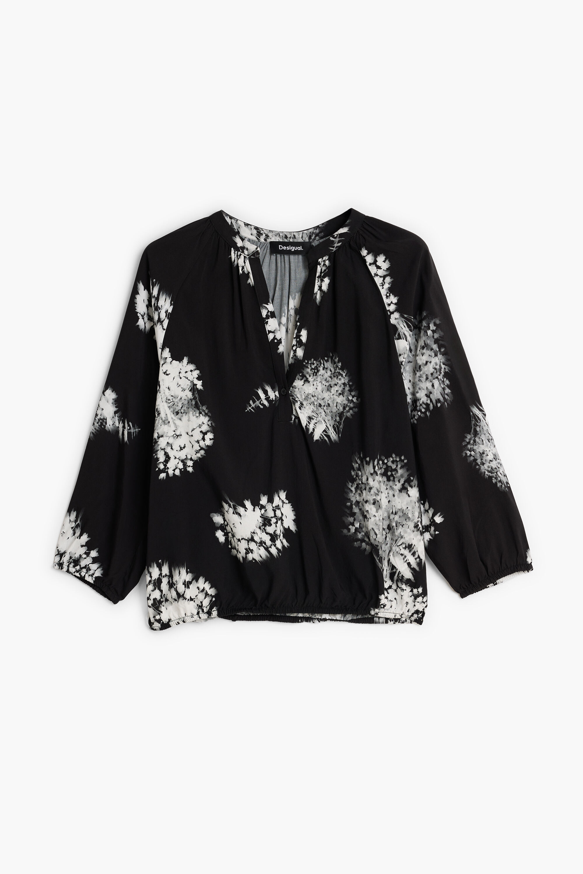 Desigual, Blusa Estampada Cuello Pico, Viscosa, Negro