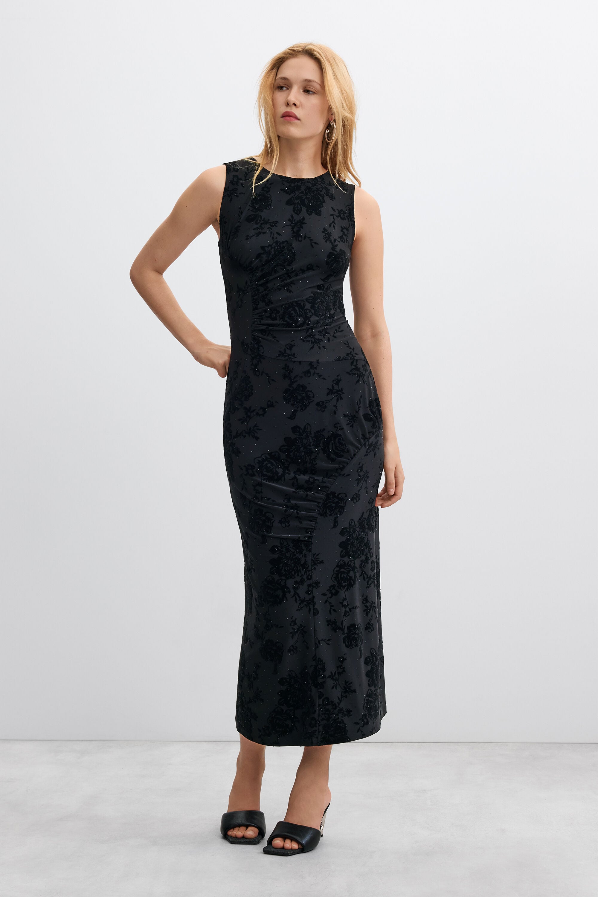 vestido midi punto, Mujer, Poliester, Negro,