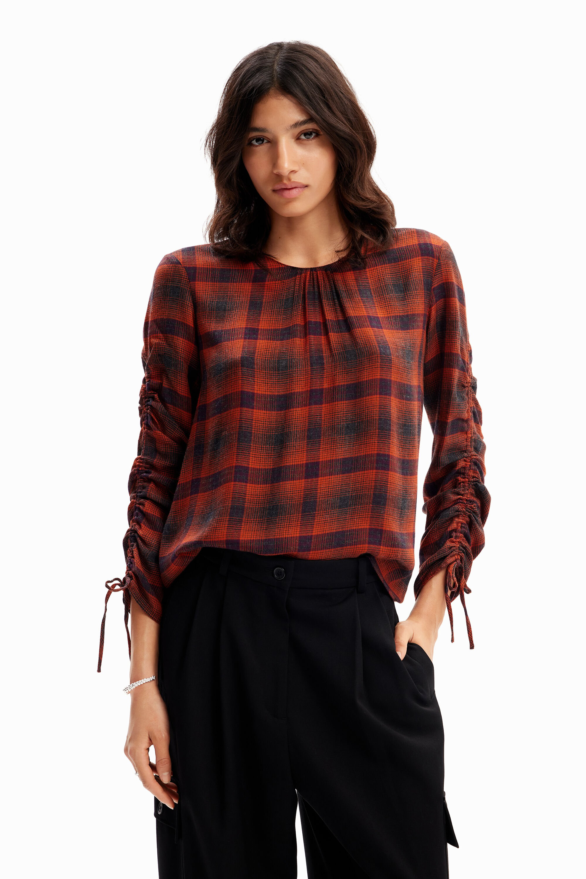 Adjustable sleeve plaid blouse - RED - XL