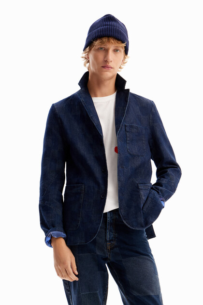 Geruite denim blazer