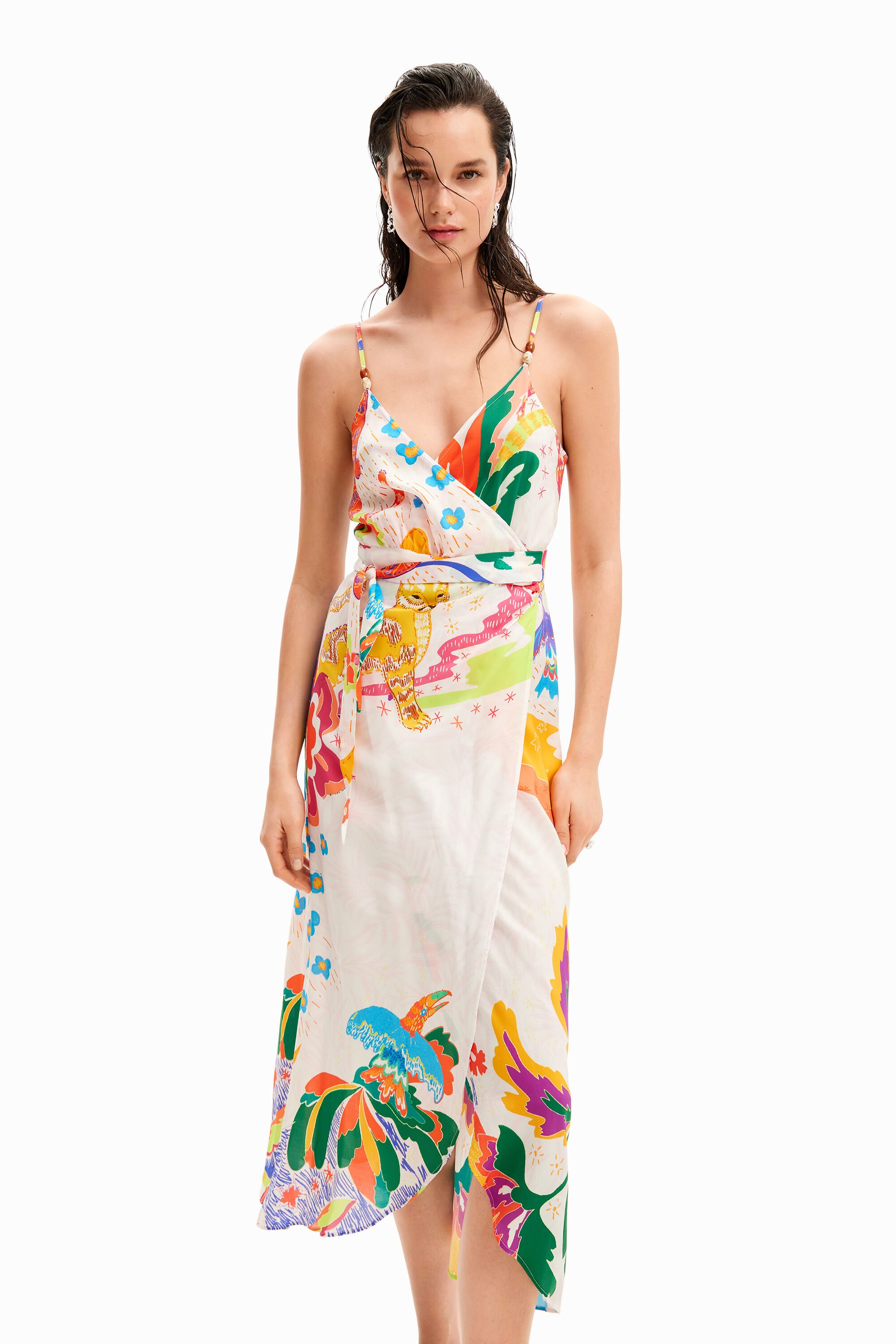 Jungle design wrap midi dress - WHITE - XL