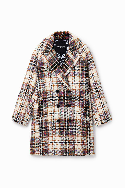 Long tartan double-breasted coat