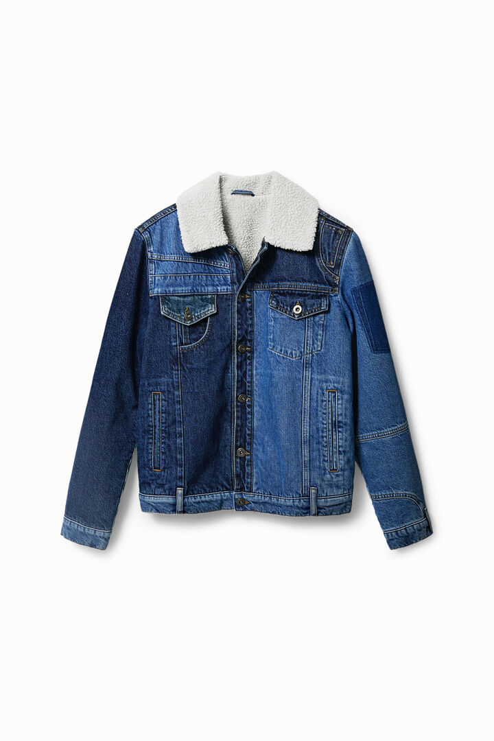 Sherpa-lined patchwork denim jacket