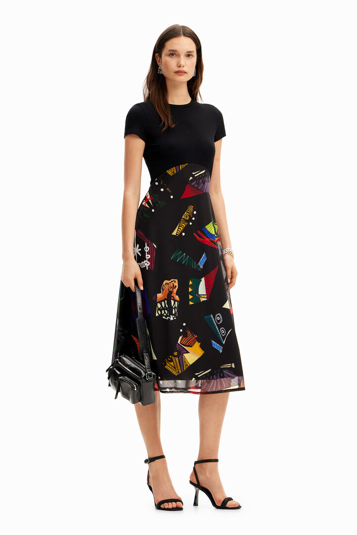 Vestido Midi Estampado Con Cuello Alto Noir Desigual - Mujer