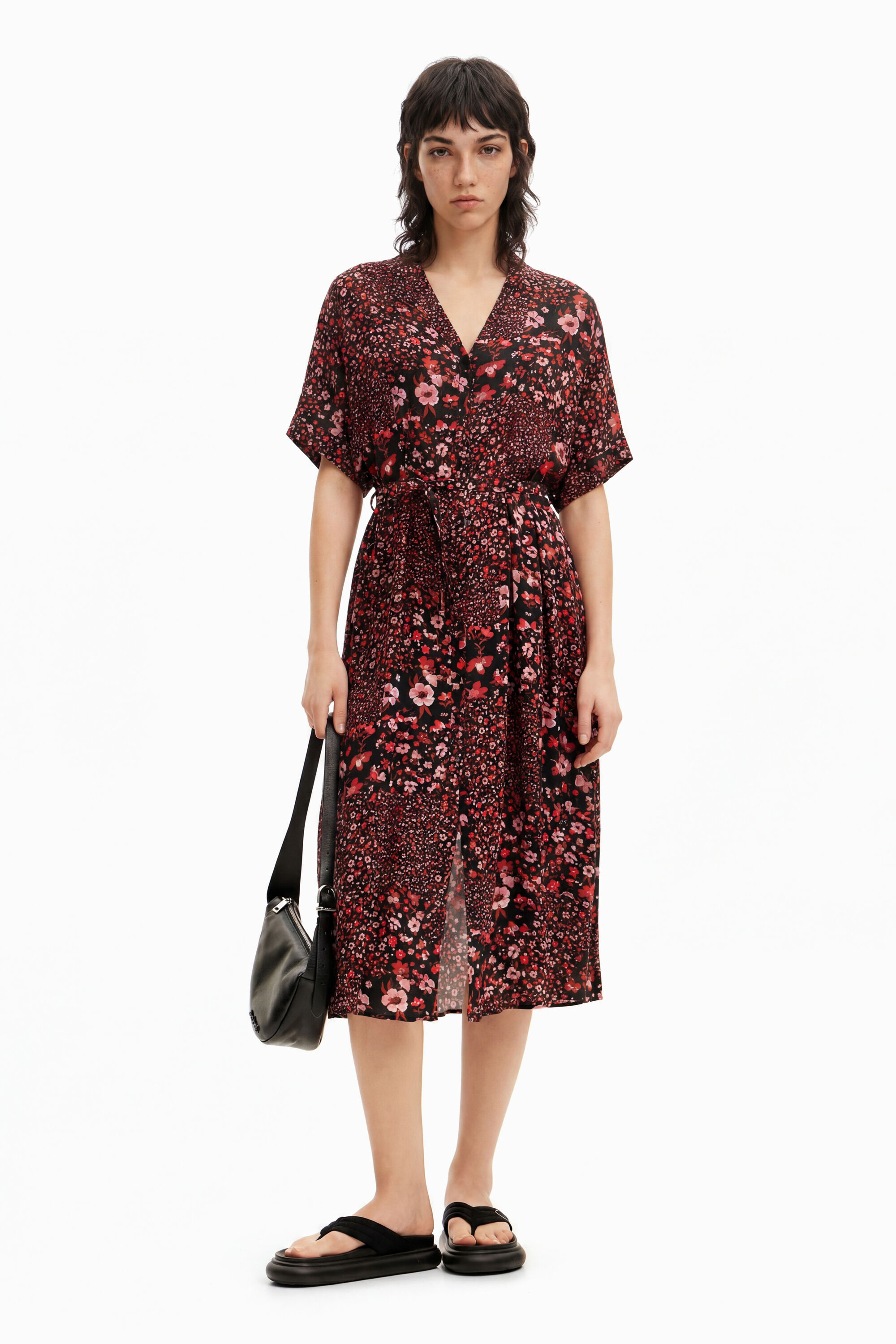 Vestido midi camisero flores - BLACK - L