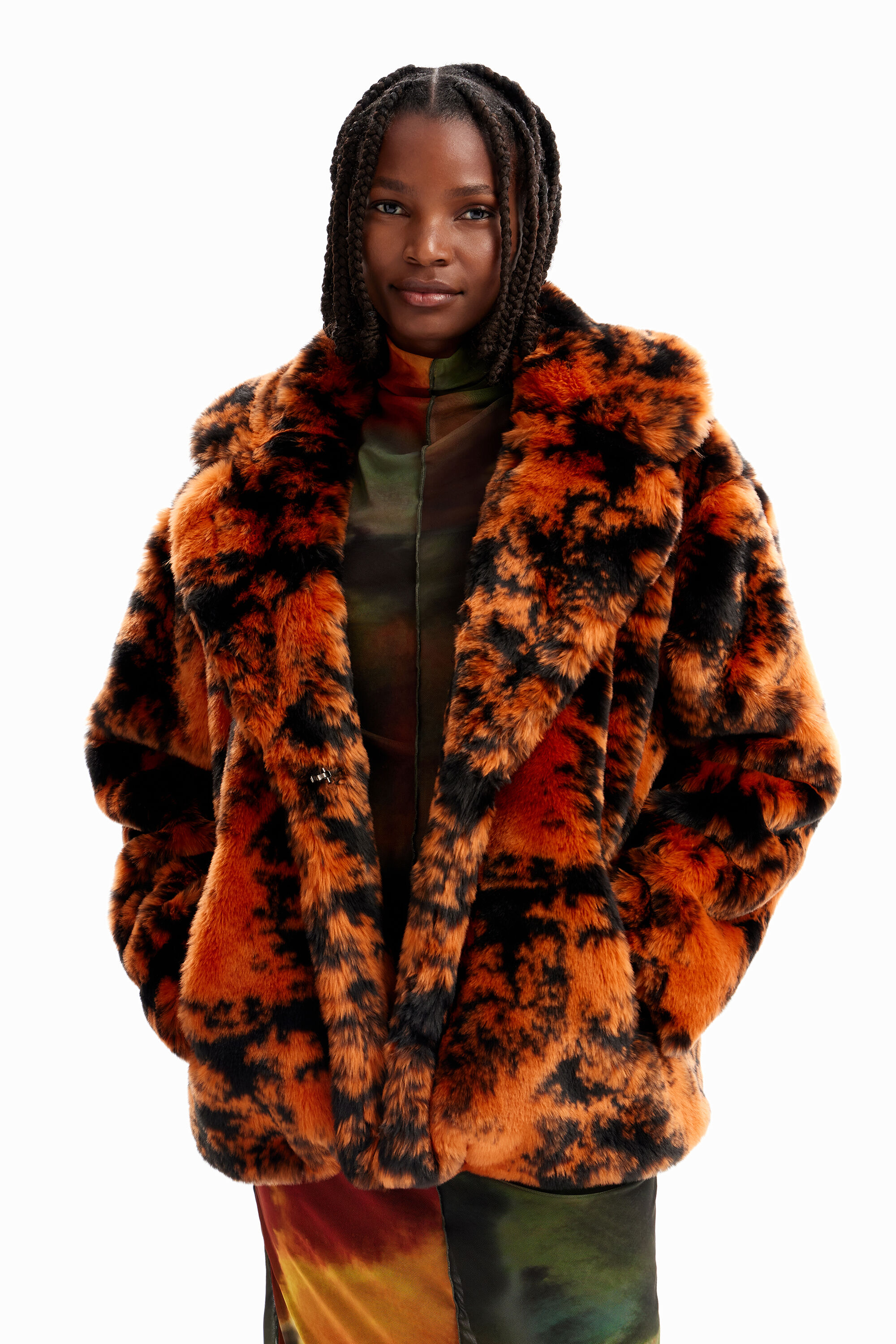 Short fur-effect double-breasted coat - ORANGE - XL