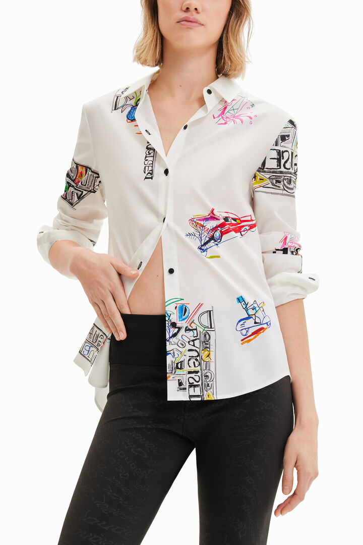 חולצה ארוכה מכופתרת עם איורים צבעוניים לנשים | Desigual