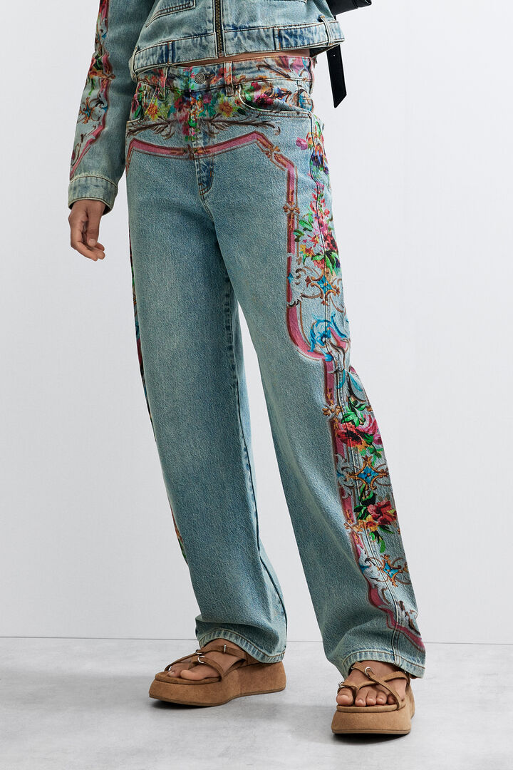 Printed denim trousers