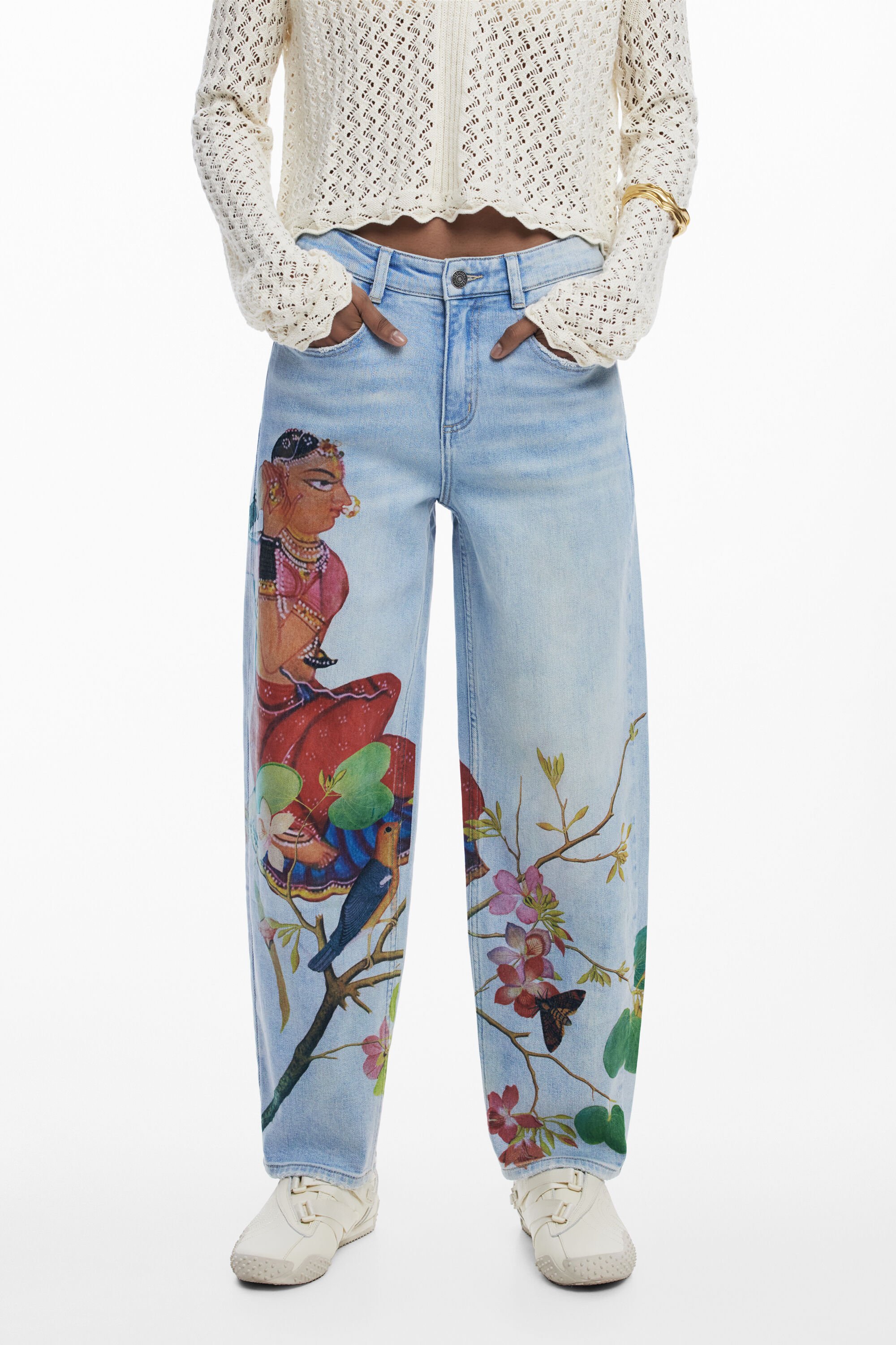 Desigual Artist Print Boyfriend Barrel Jeans In Blue