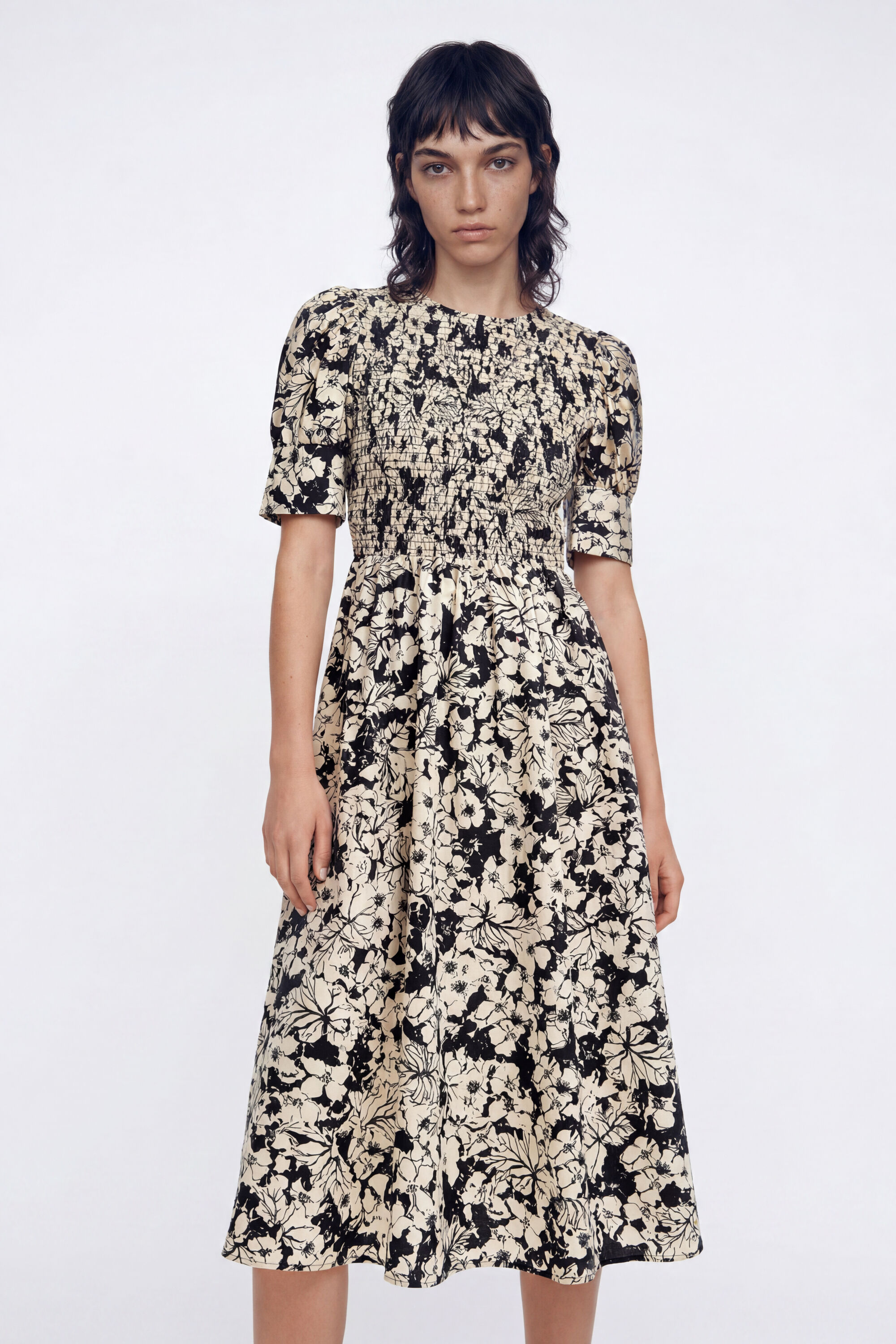 Desigual, Vestido midi flores, Algodon, Negro