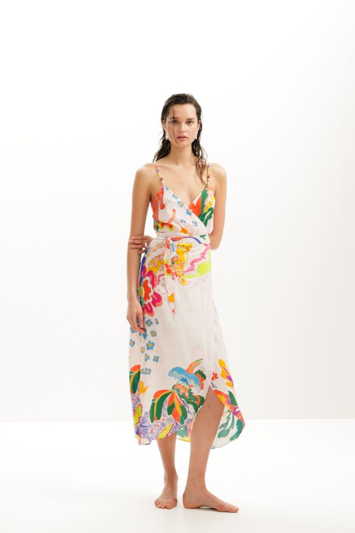 Vestido midi cruzado dibujos jungla | Desigual