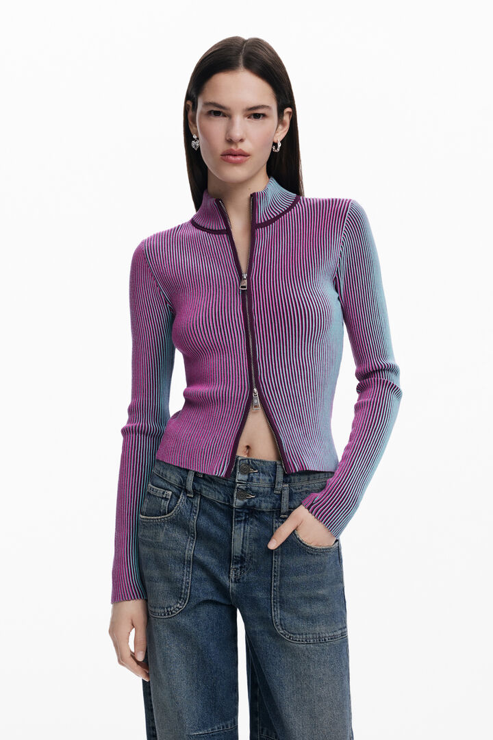 Vertical striped zipper cardigan