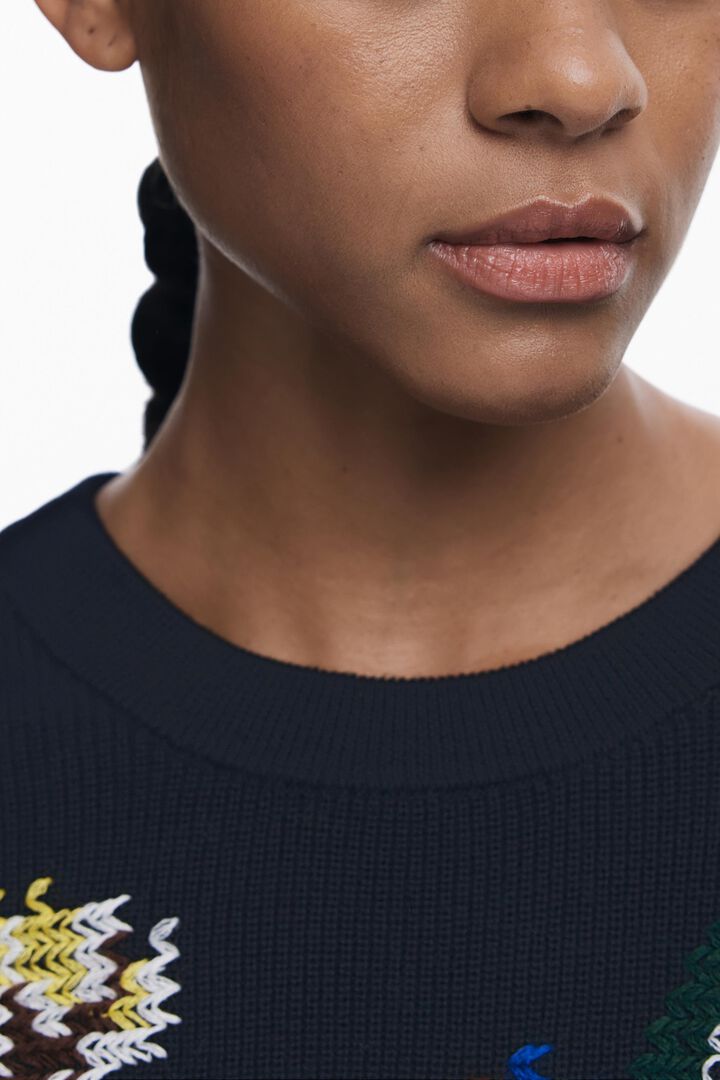 Jacquard sweater with embroidered flowers