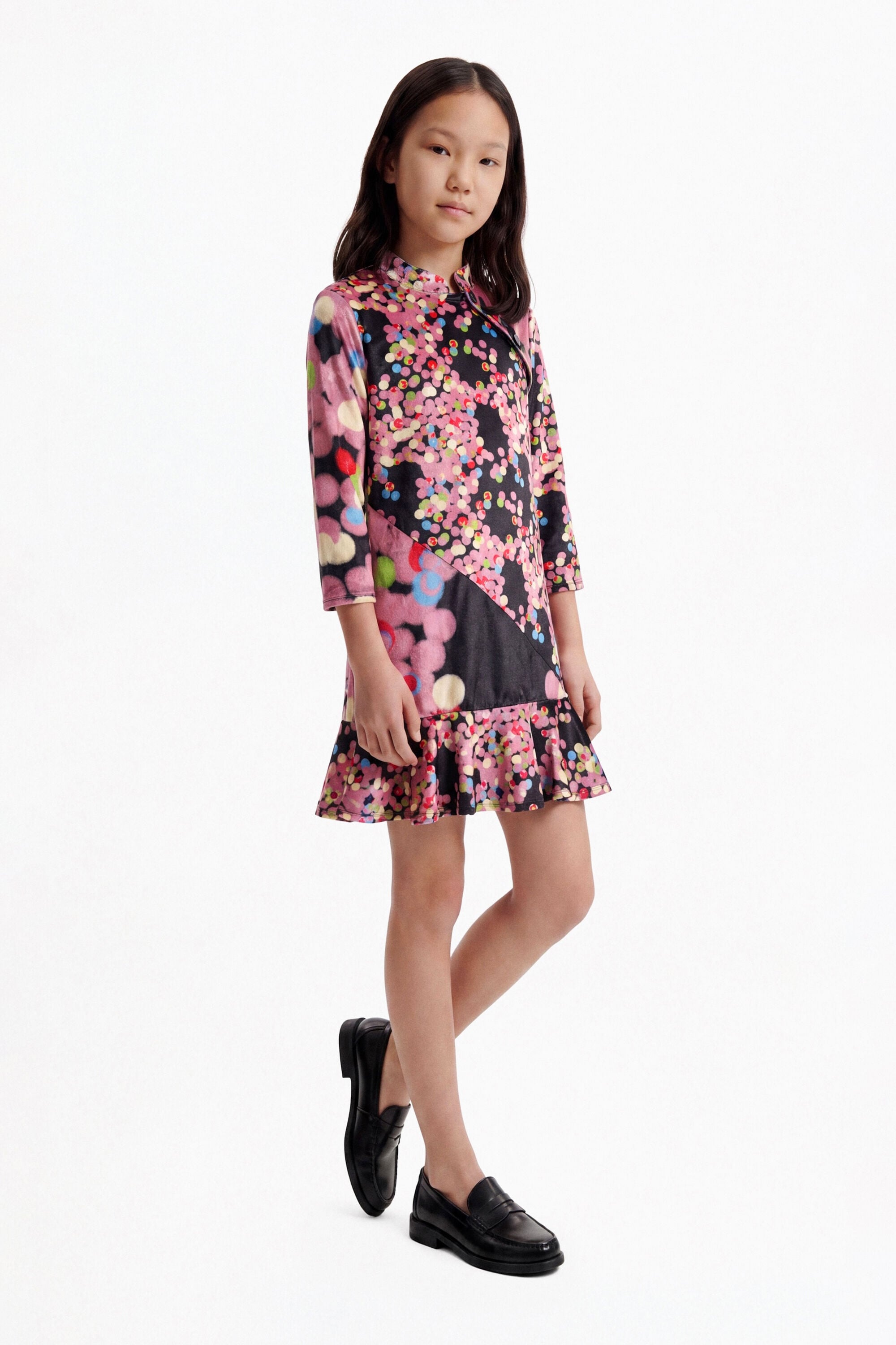 vestido manga larga estampado, Poliester, Negro,