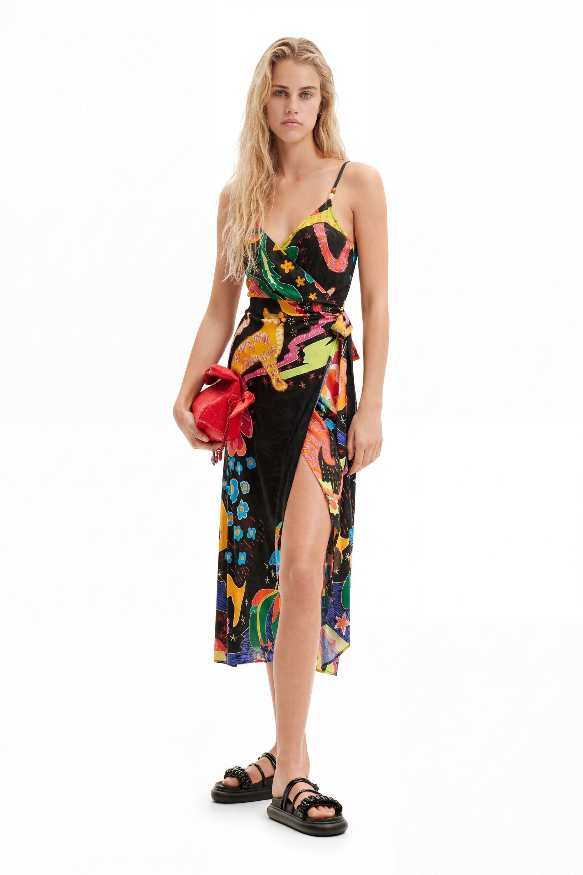 Desigual, Vestido midi cruzado dibujos jungla, Viscosa, Negro