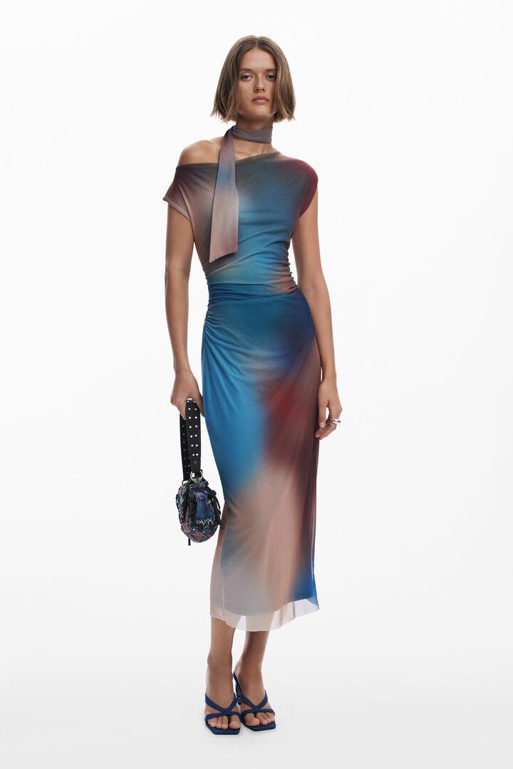 Draped dress with irregular neckline