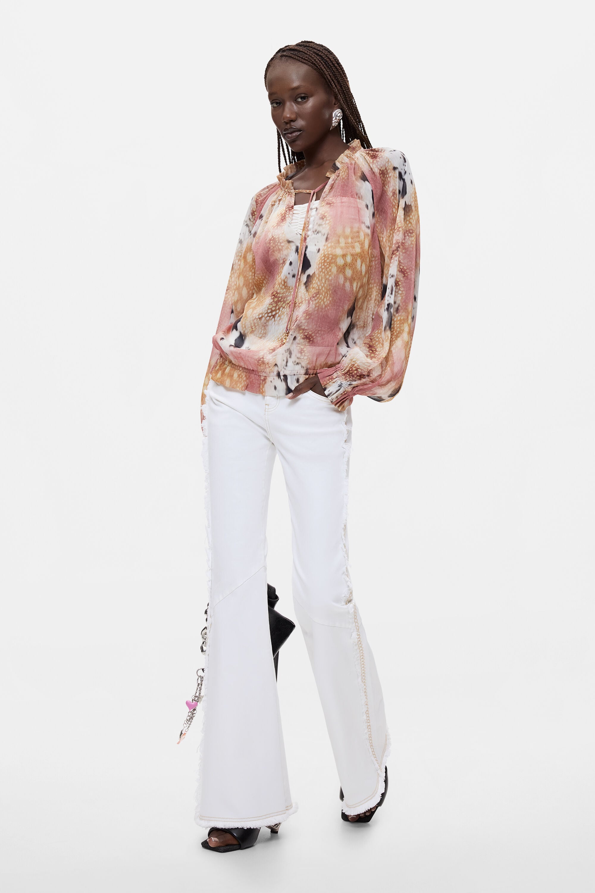 Blusa Estampada Cordón, Mujer, Poliester, Blanco,