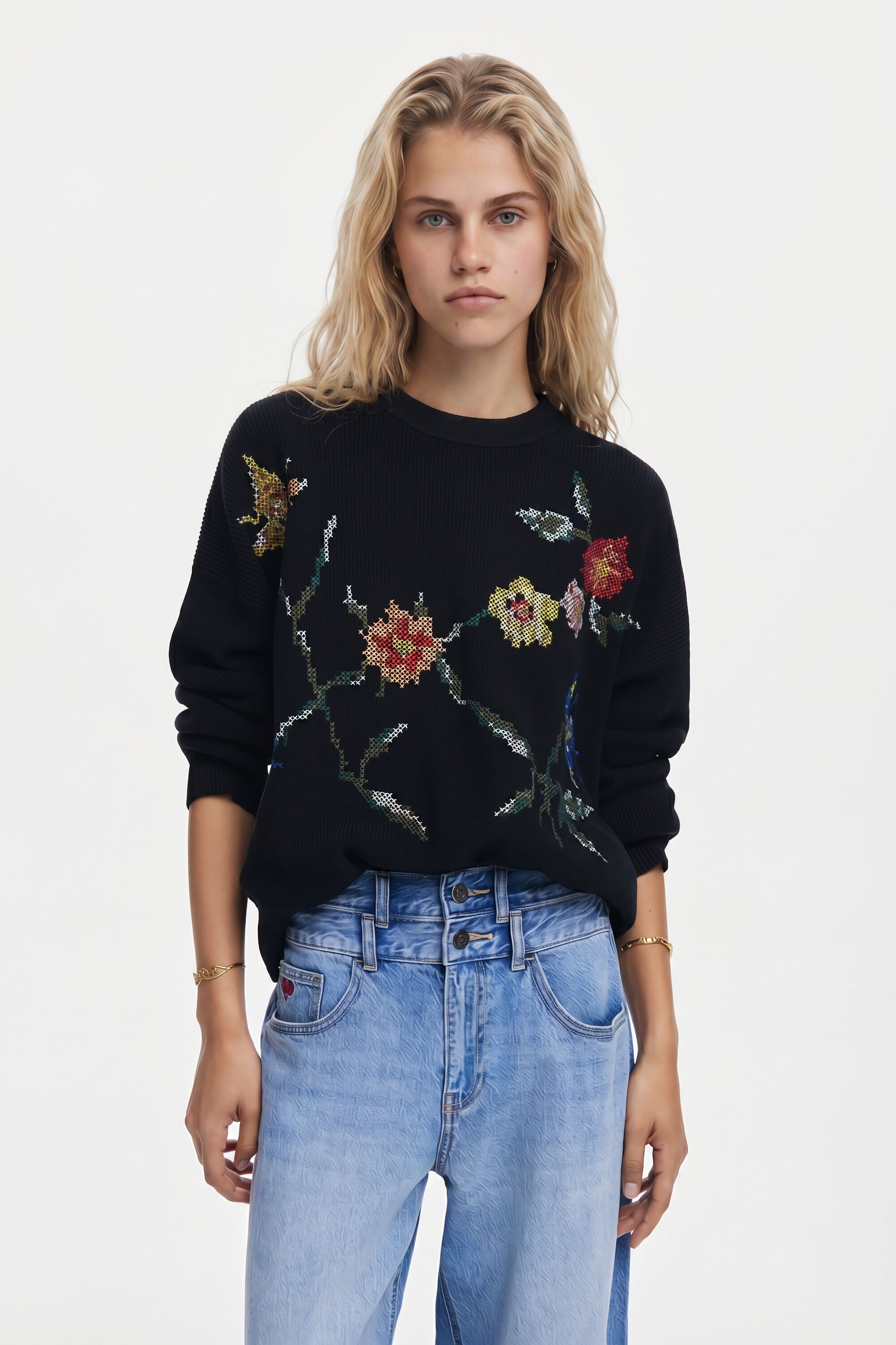 Desigual, Sudadera bordado flores, Algodon, Negro