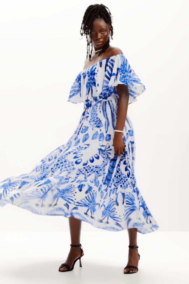 Long dress with ruffle by Stella Jean. | Desigual