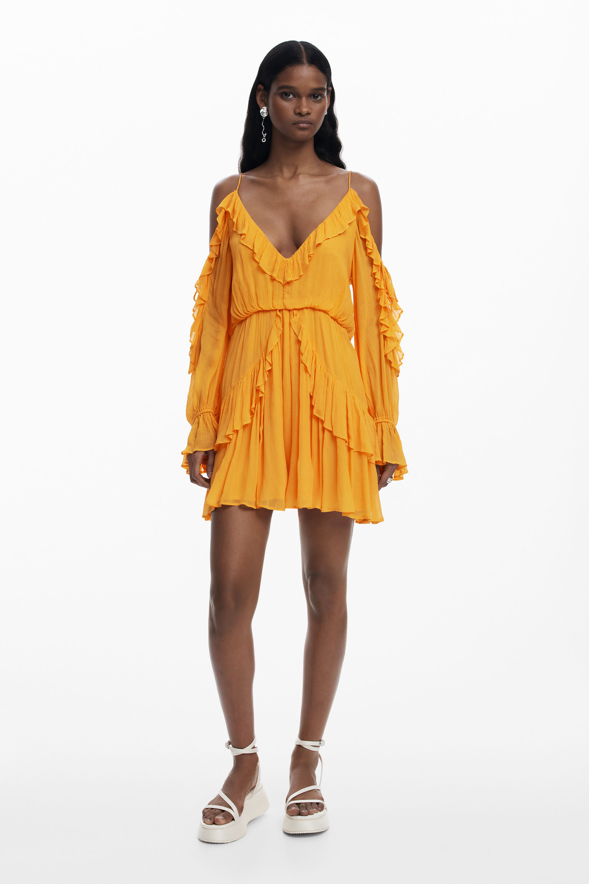 Desigual Cold Shoulder Long Sleeve Minidress In Orange