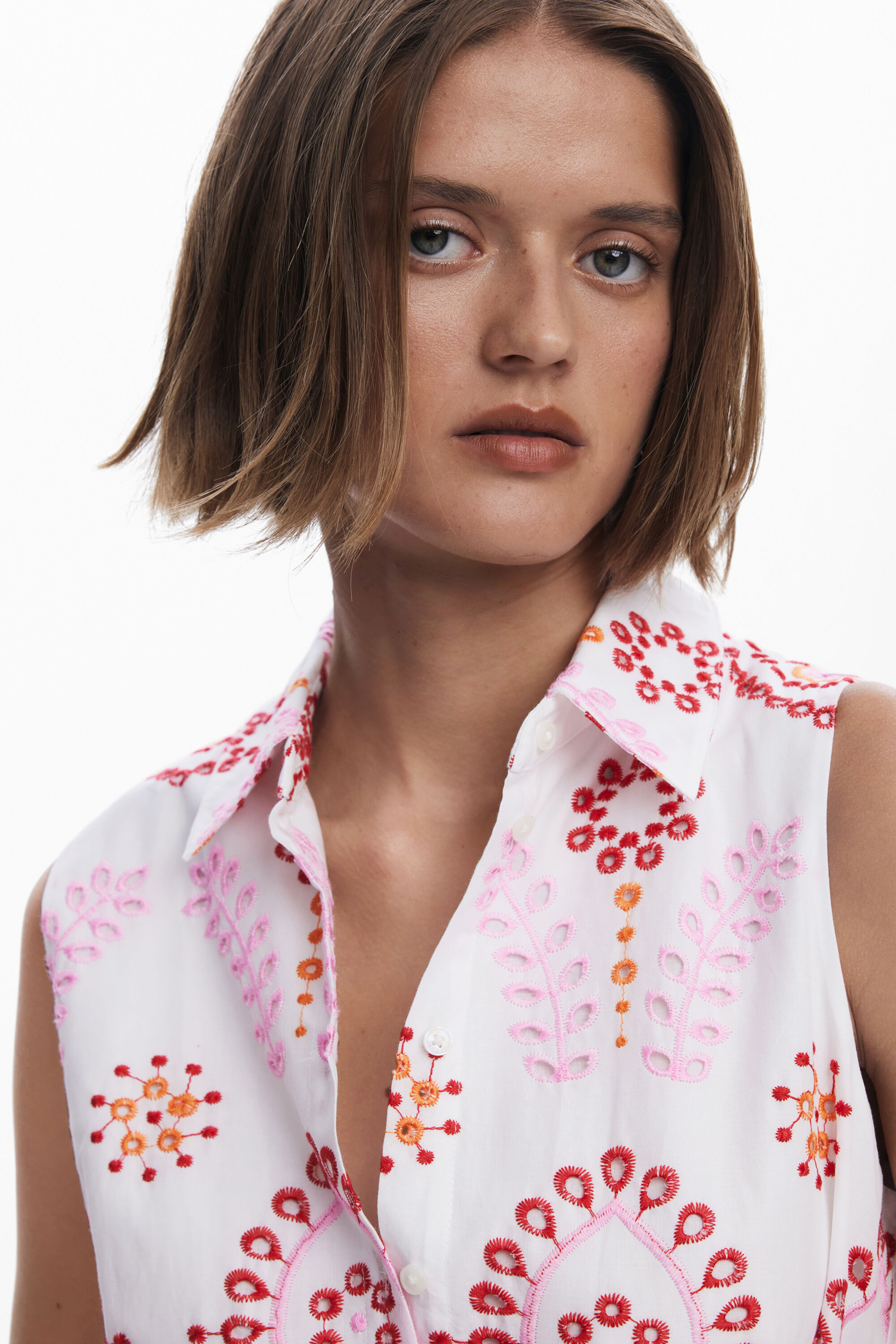 Desigual Embroidered Sleeveless Cotton Shirtdress In Pink
