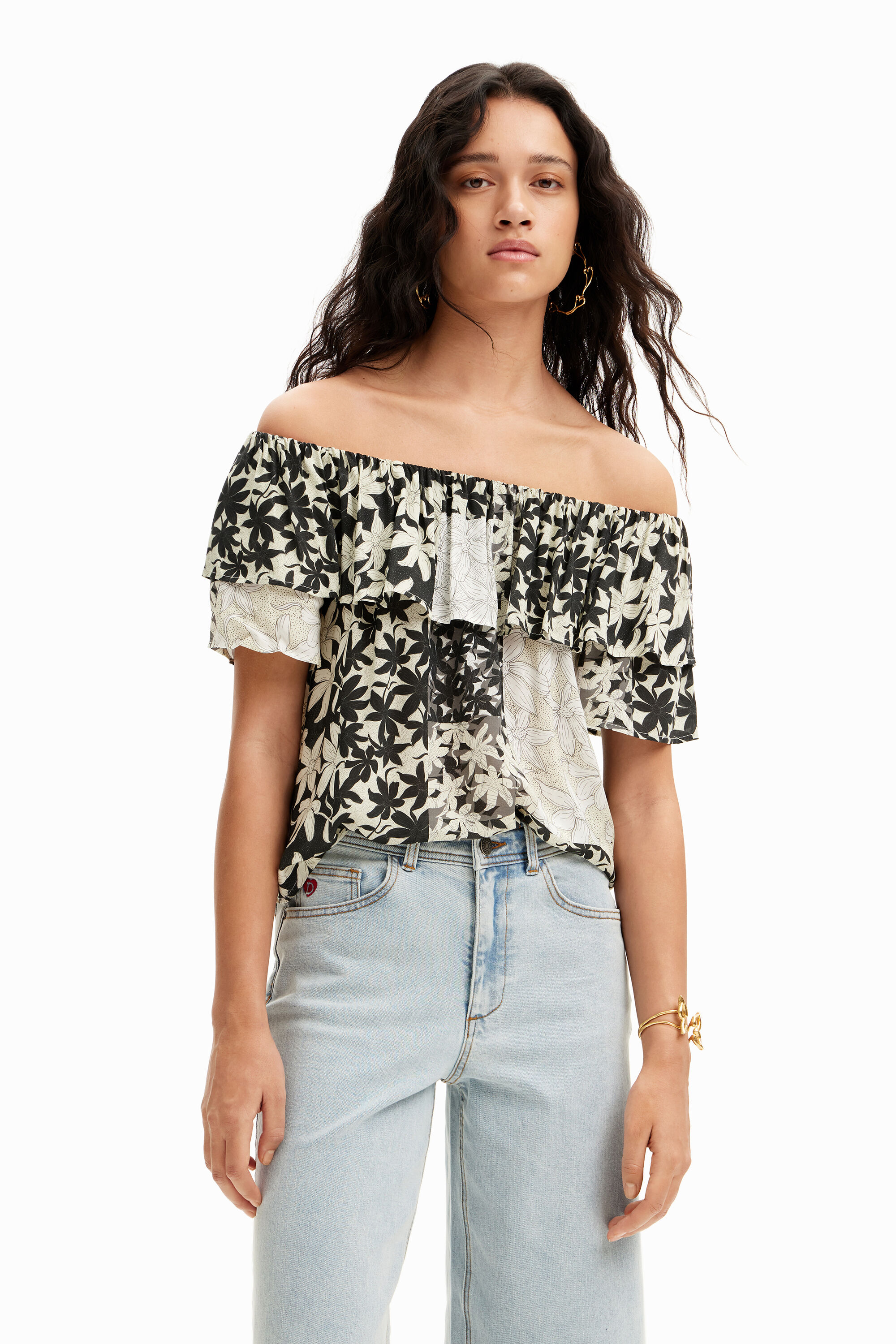 Patchwork floral ruffle blouse - WHITE - M