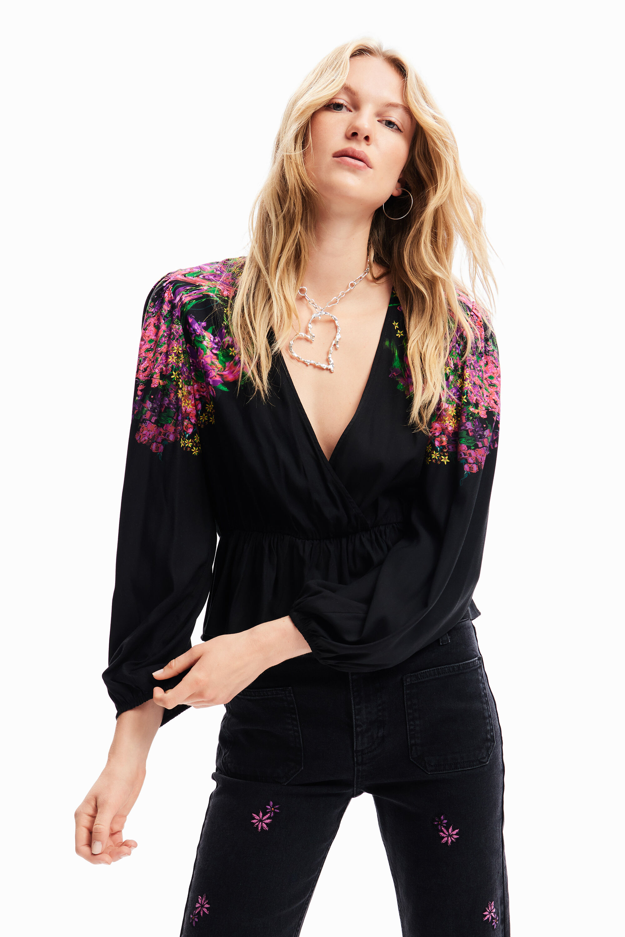 Digital floral wrap blouse - BLACK - XS