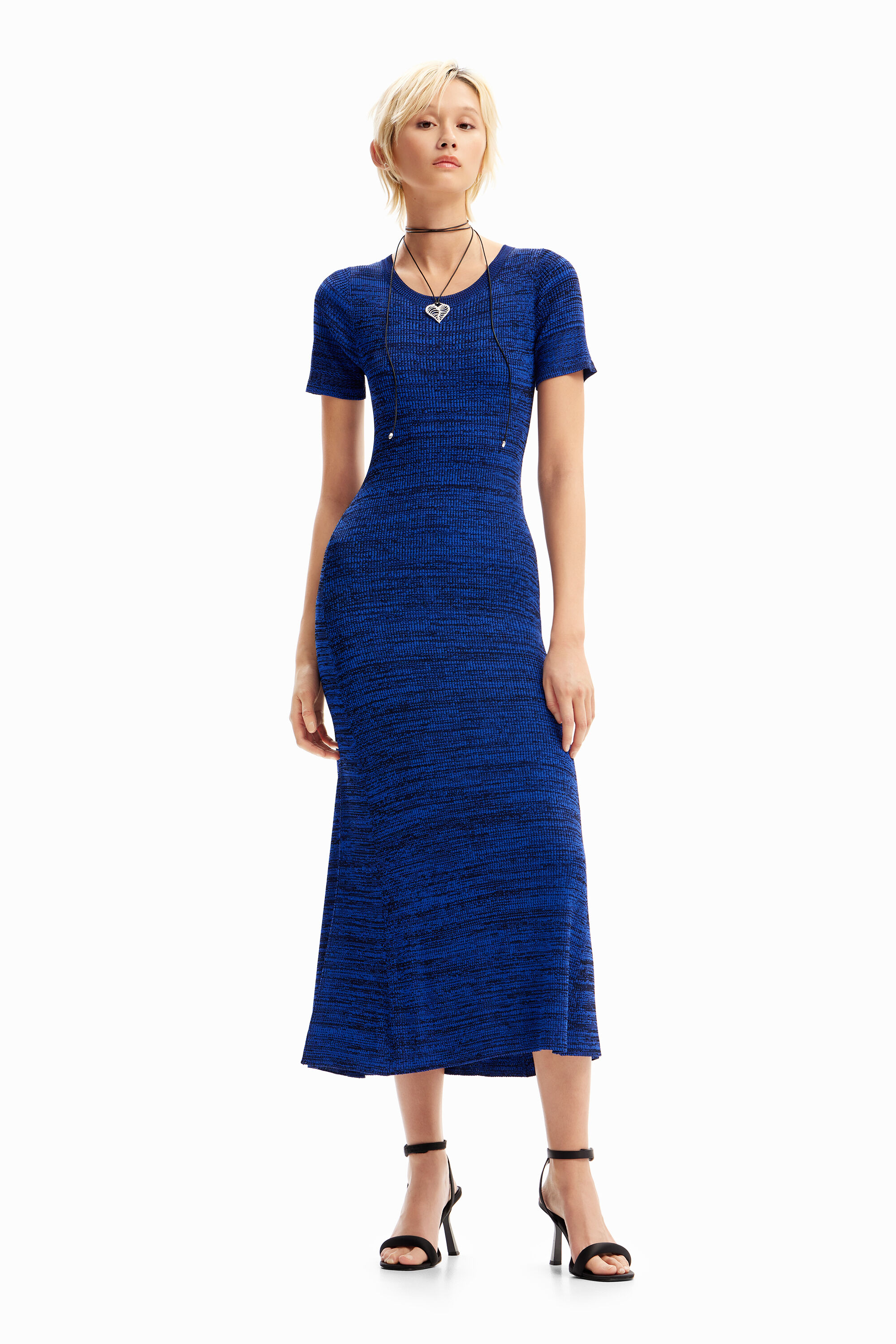 Long mottled ribbed dress - BLUE - L