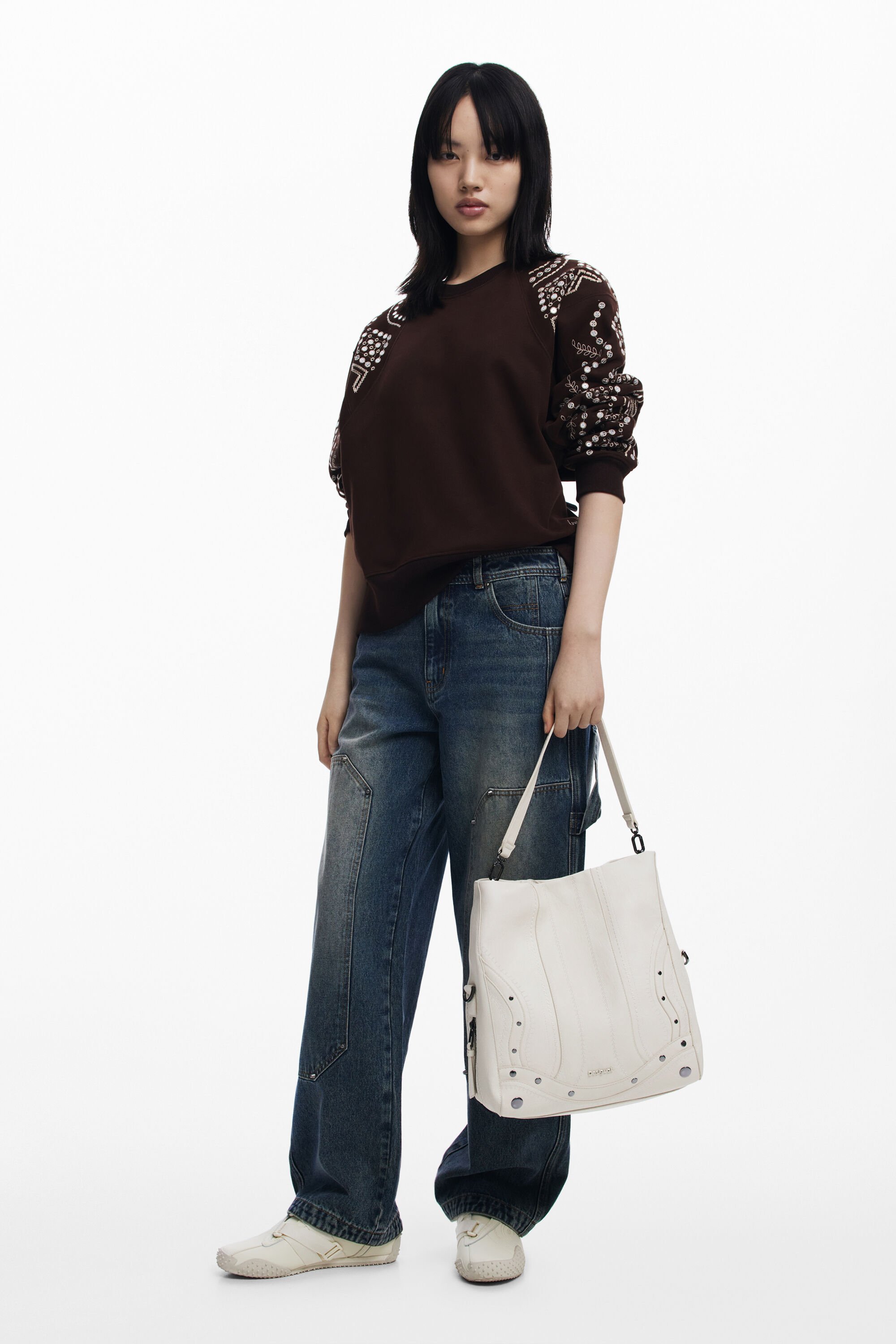 Shop Desigual Medium Embroidered Faux Leather Bag In White