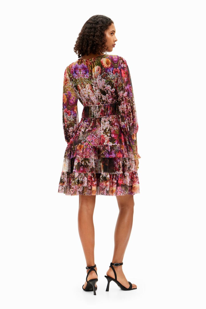 フリル袖の長袖ショートドレス、花柄プリント | Desigual