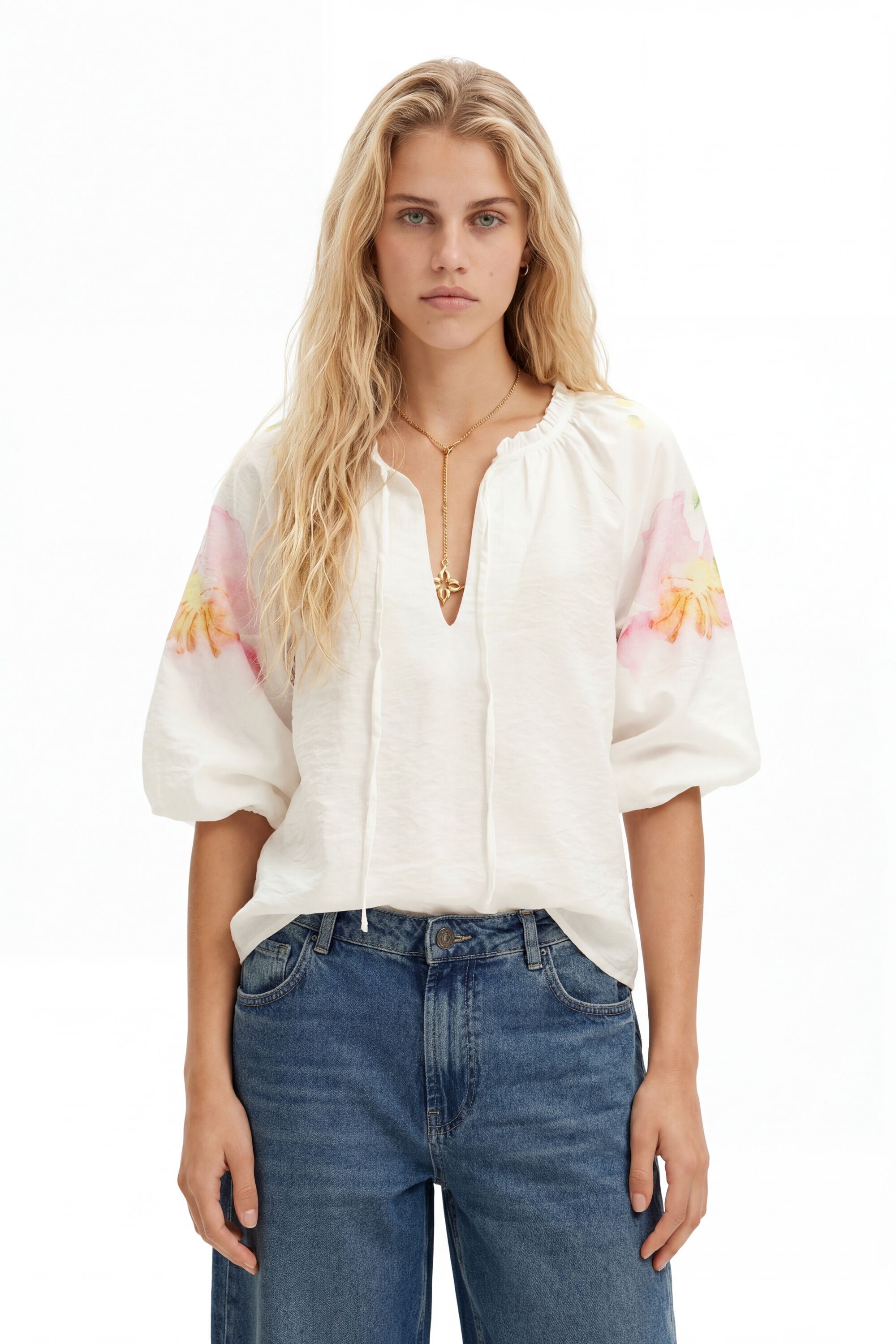 Blusa vaporosa con estampado de flores en acuarela - WHITE - M