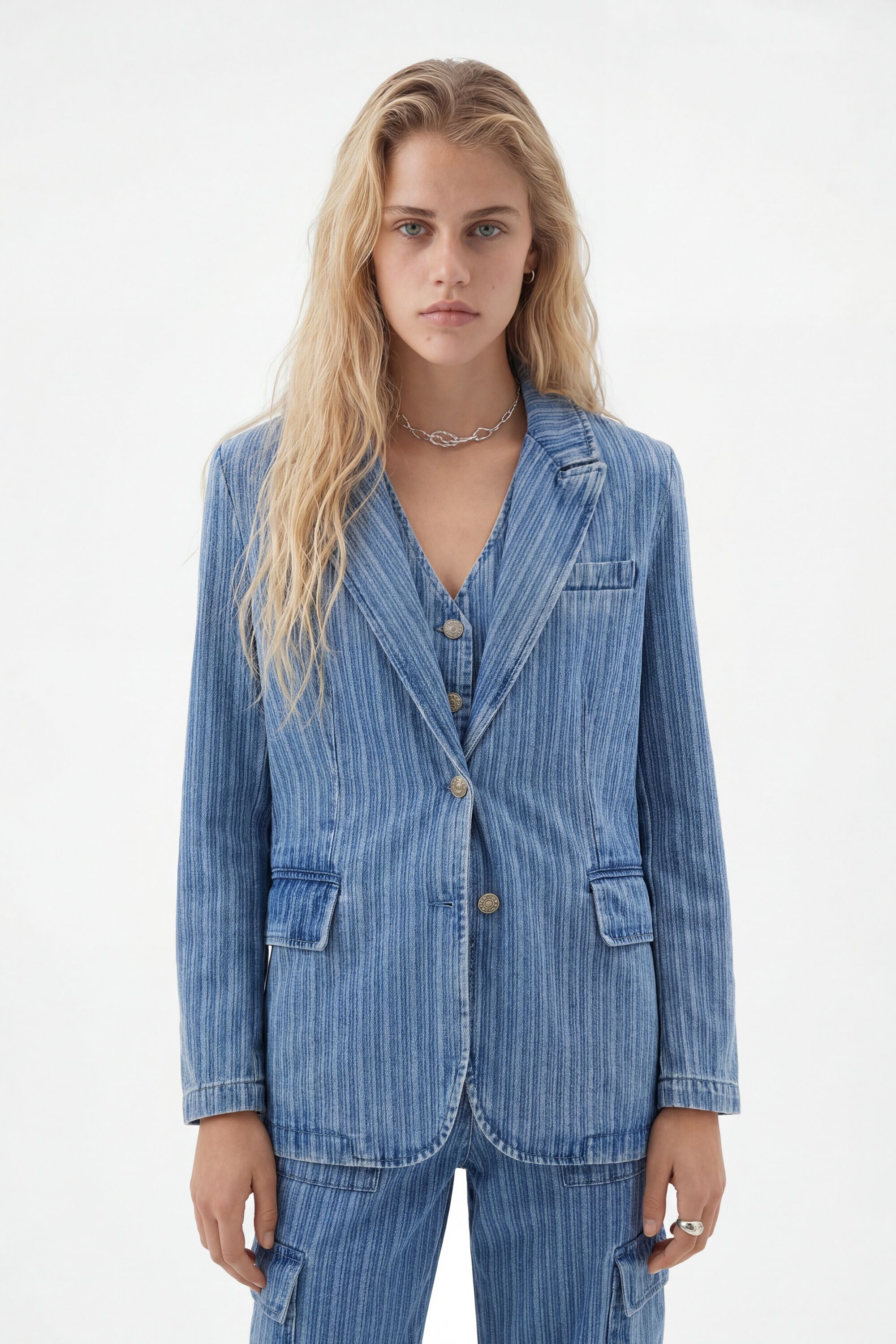 Desigual Mulher Azul Blazer Denim Às Riscas, S