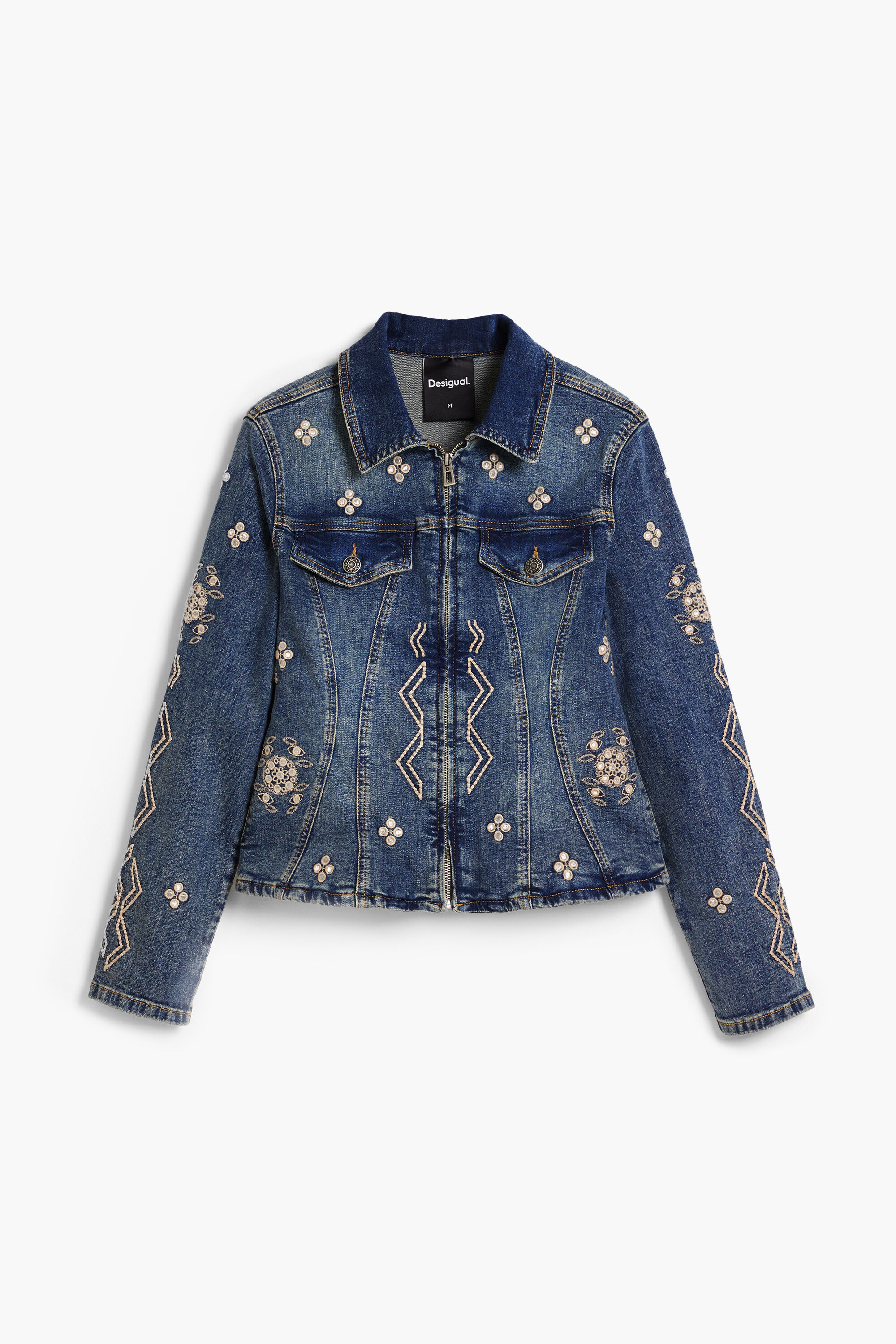 Desigual Denim Jean Jacket Floral Knit Sequin Embroidered Size 40/M | eBay