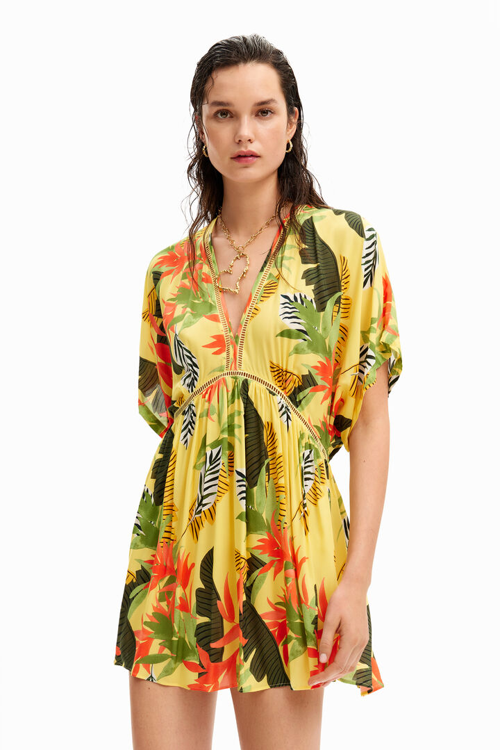 Sukienka tunika z nadrukiem w tropikalny deseń