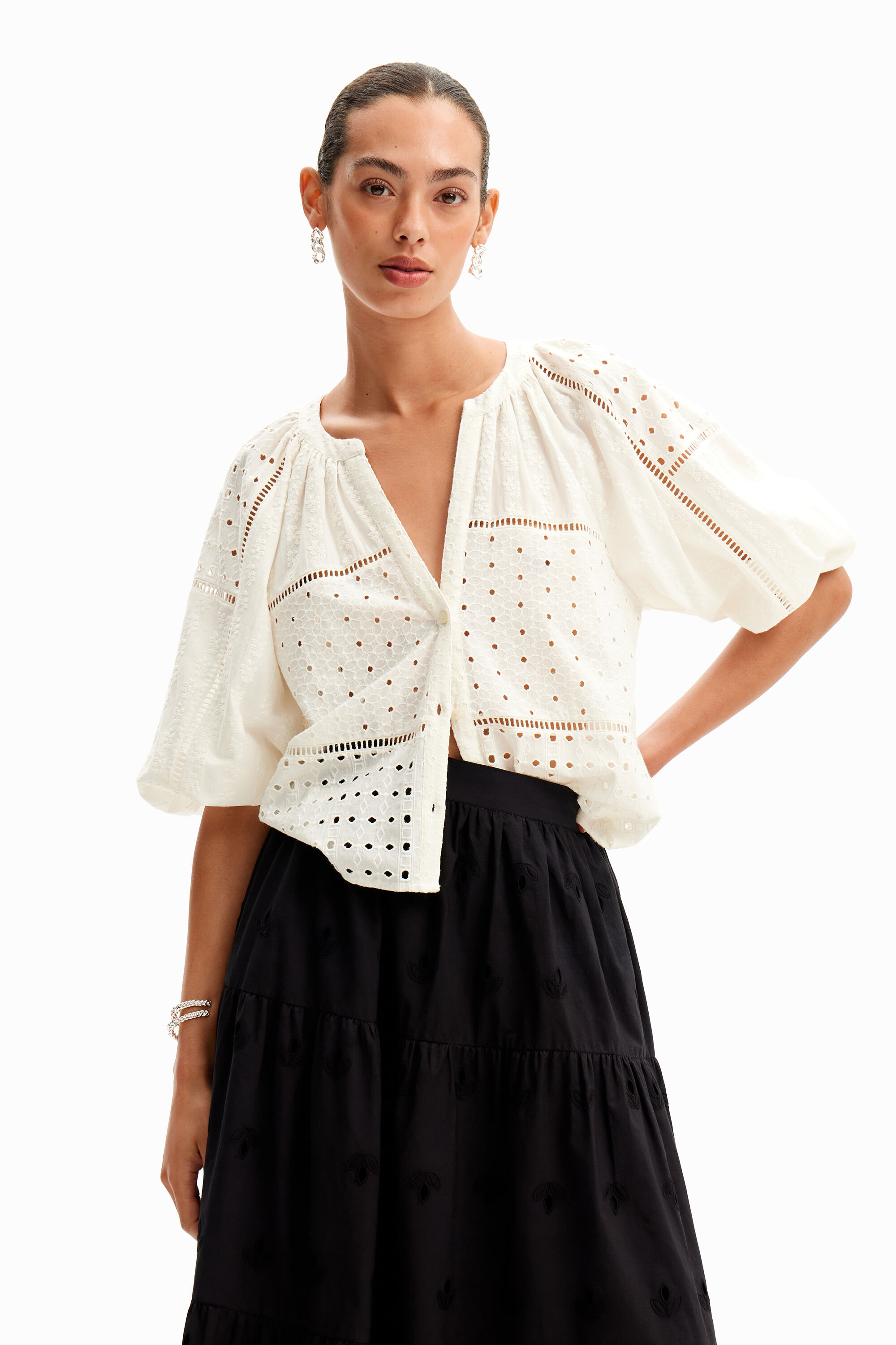 Swiss embroidered V-neck blouse - WHITE - XS