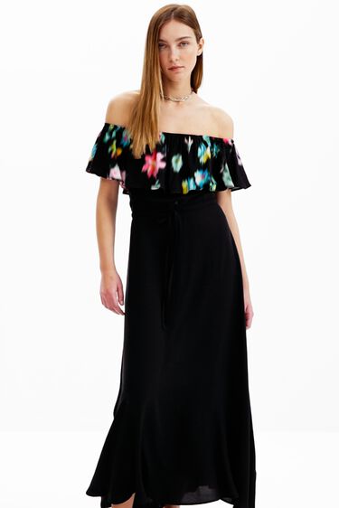 שמלת מקסי אוף-שולדרס עם אפקט פרחים מטושטשים | Desigual