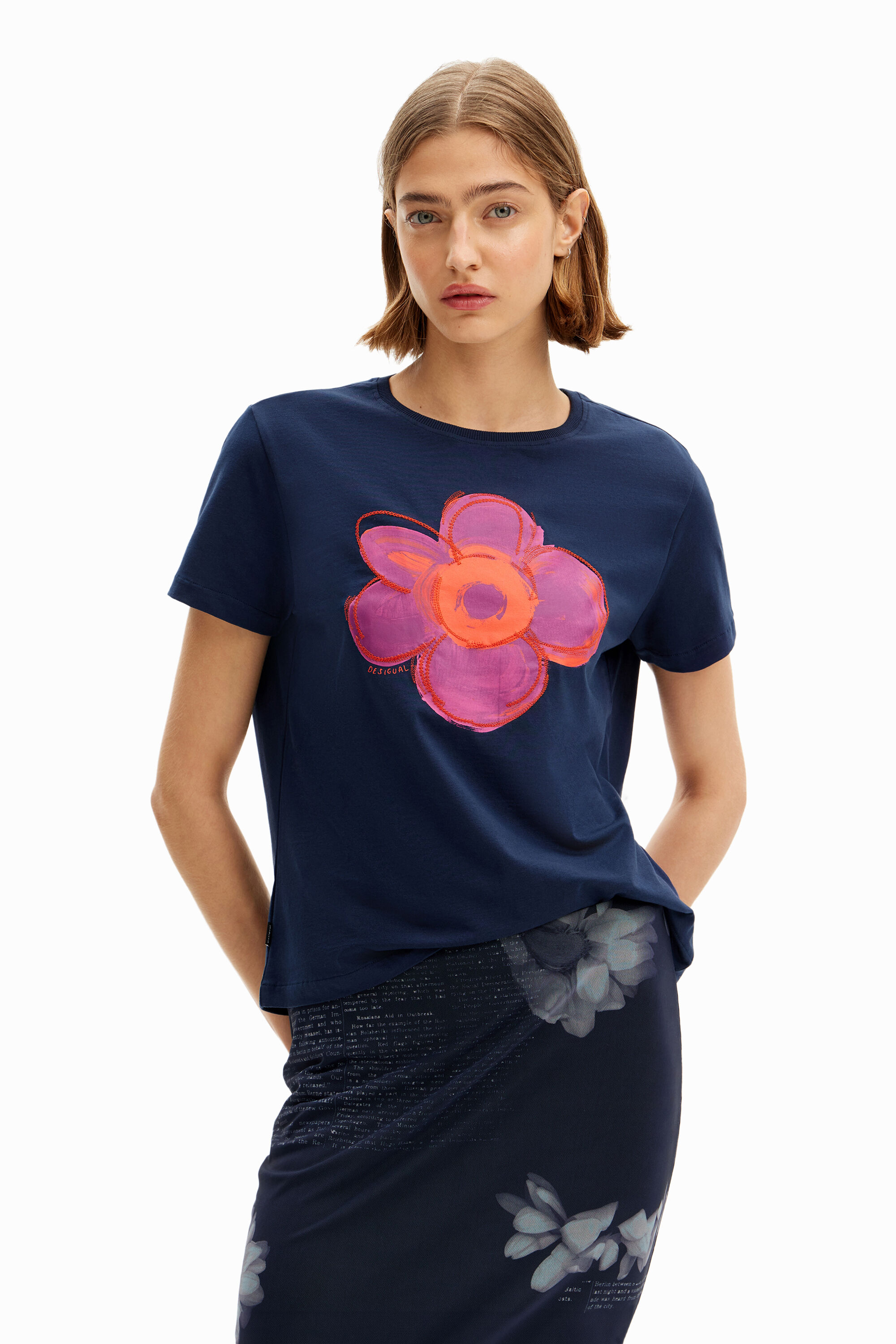 Flower illustration T-shirt - BLUE - M