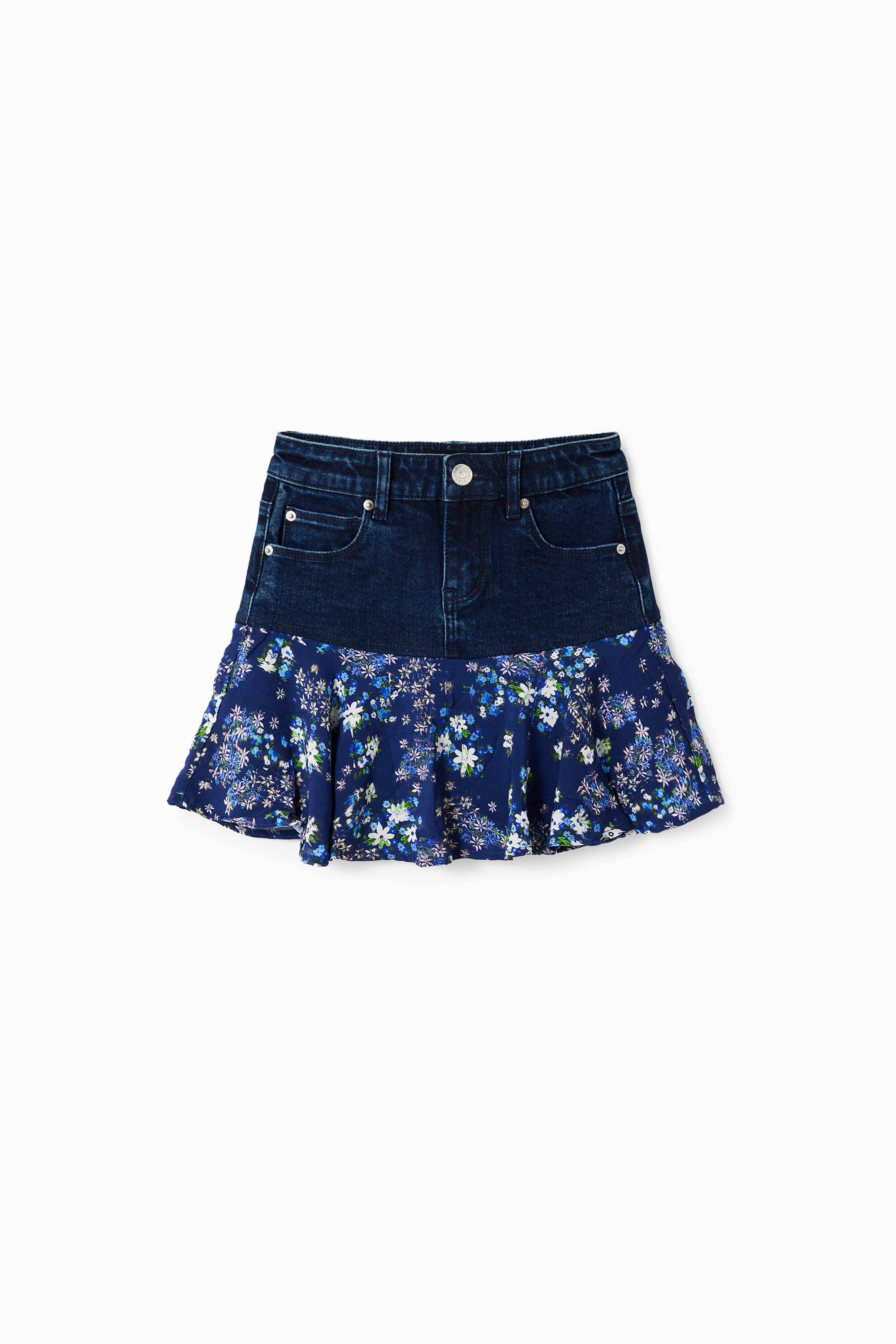 Mini jupe jean volants fleurs