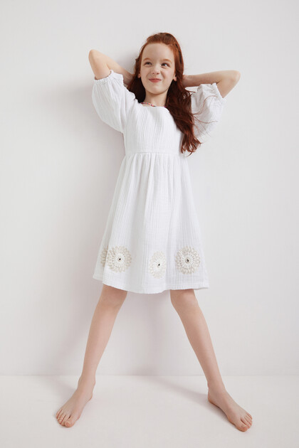 Three-quarter sleeve white dress