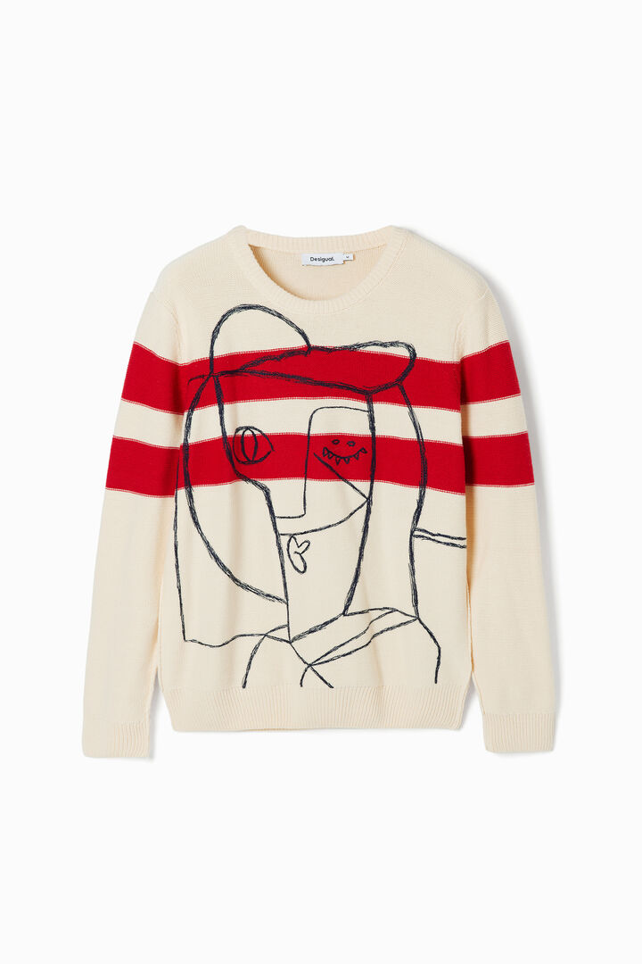 Striped sweater with pattern.