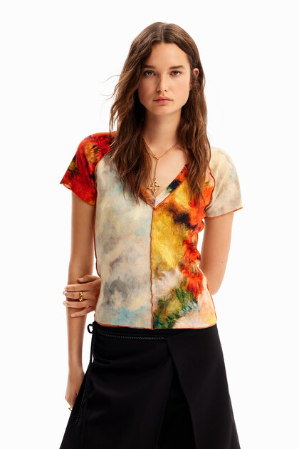 T-shirt ajusté manches courtes patchwork fleurs