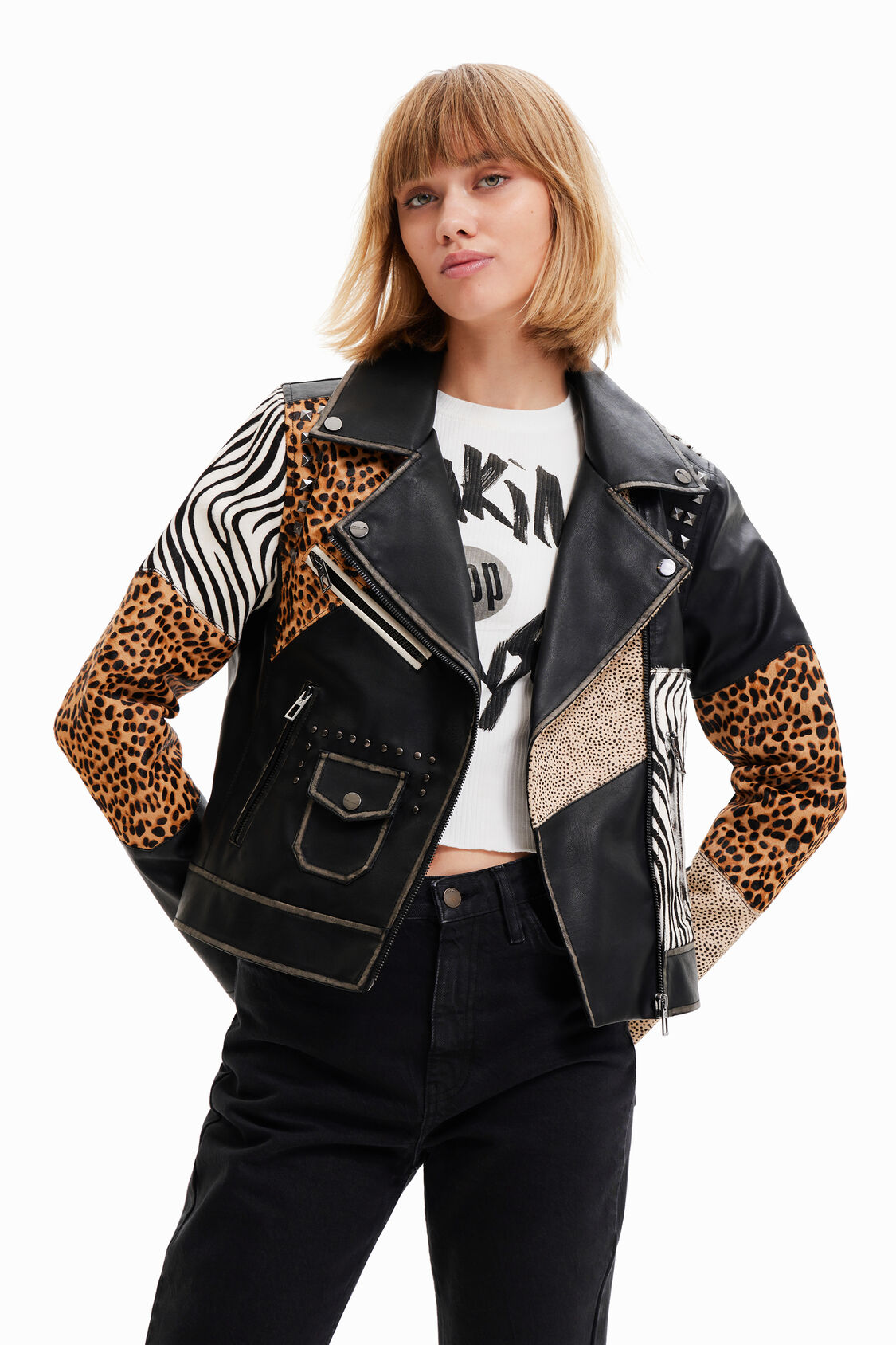 Women's distressed leather biker jacket with animal print