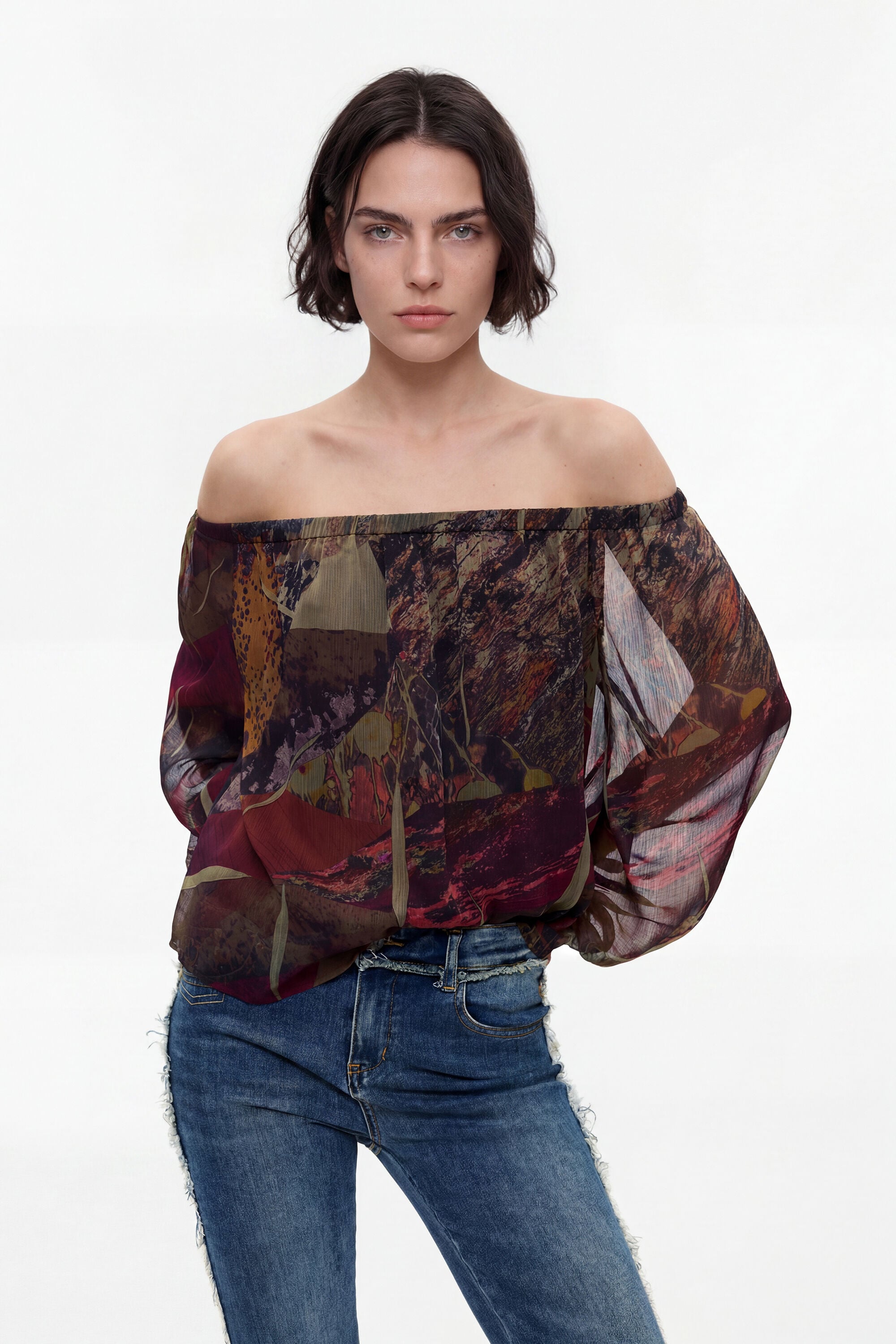 Desigual Damen Grün Bedruckte Bluse Mit Langen Ärmeln, Polyester, Xl