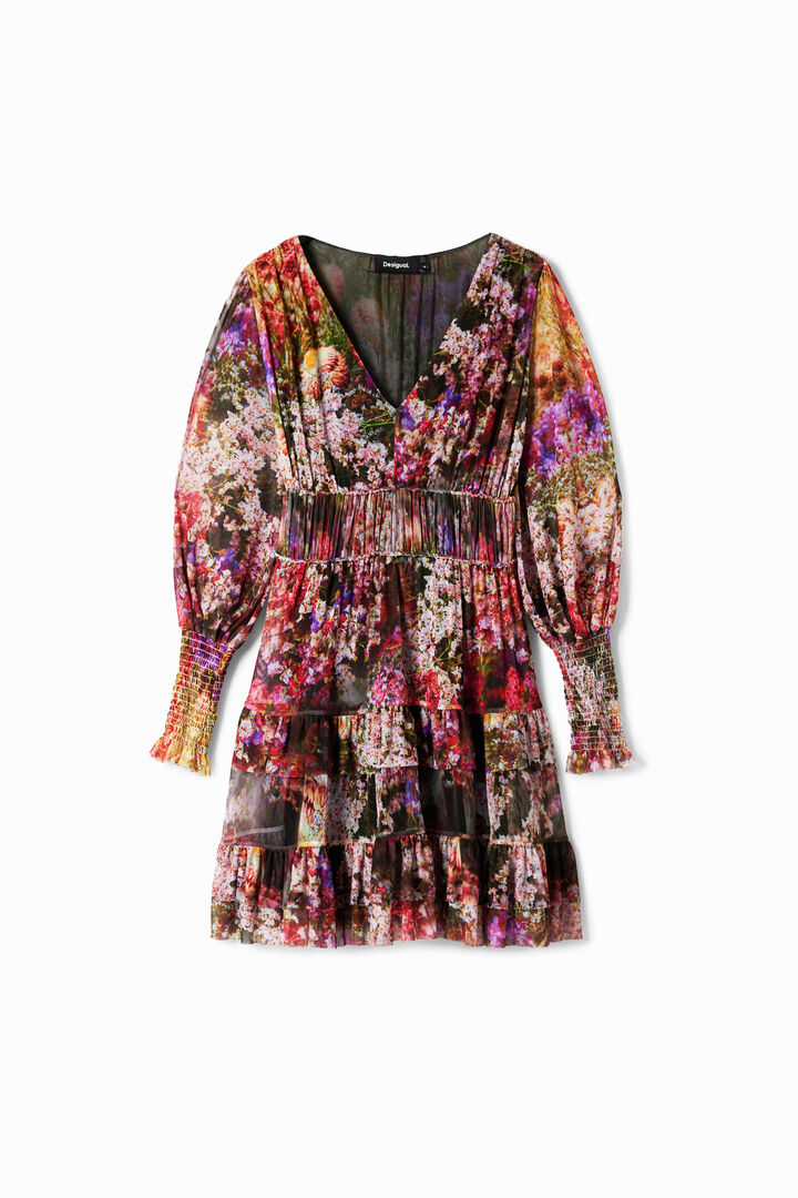 フリル袖の長袖ショートドレス、花柄プリント | Desigual