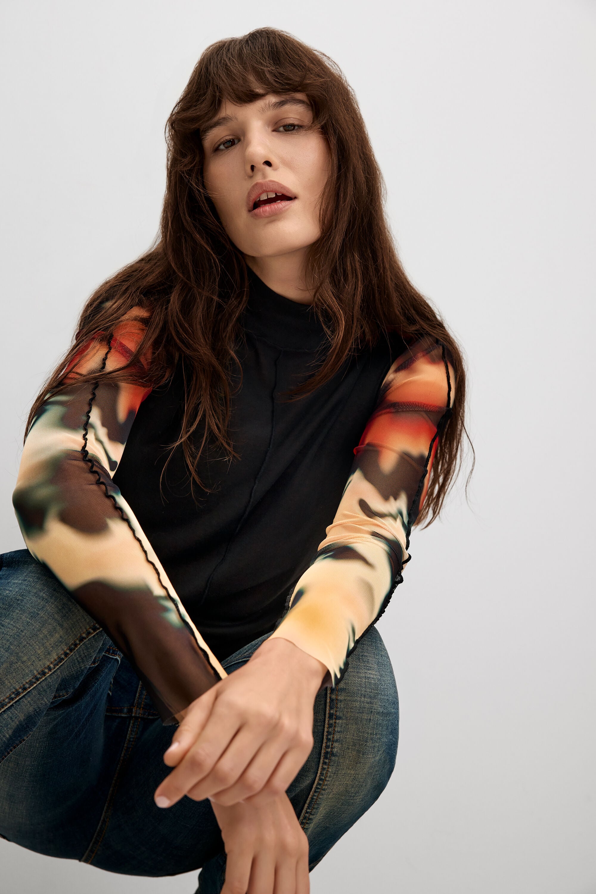 Desigual Donna Nero Maglietta A Maniche Lunghe Stampata Extra Piccolo - Immagine 1