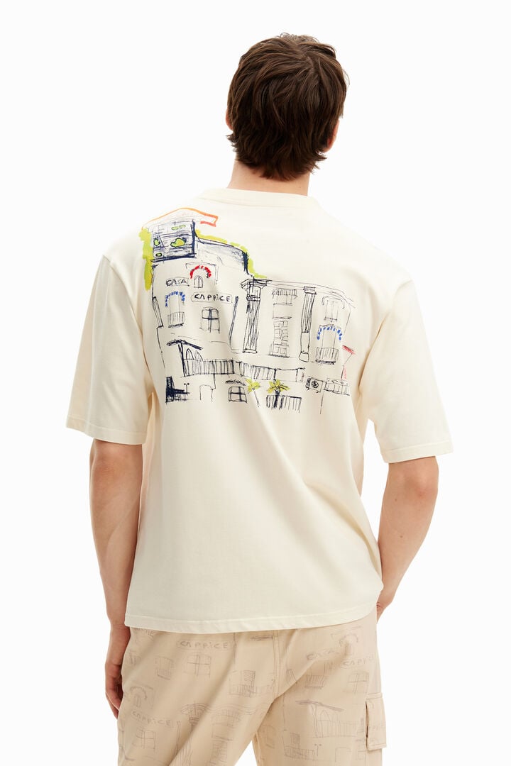 地中海の家のイラストが描かれた半袖の丸首Tシャツ