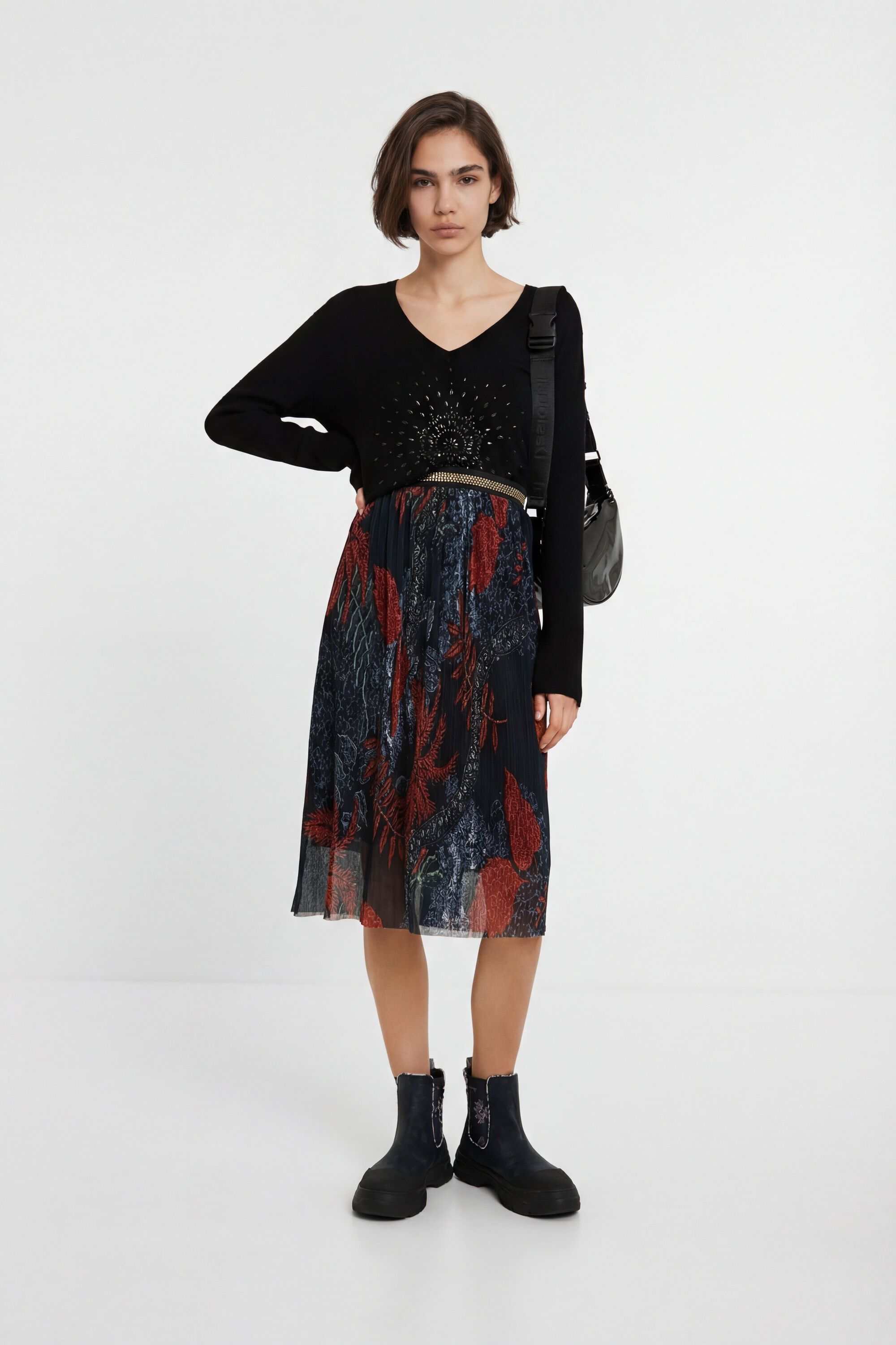 Desigual, Blumiger Midi-Plissee-Rock, Polyester, Blau, S