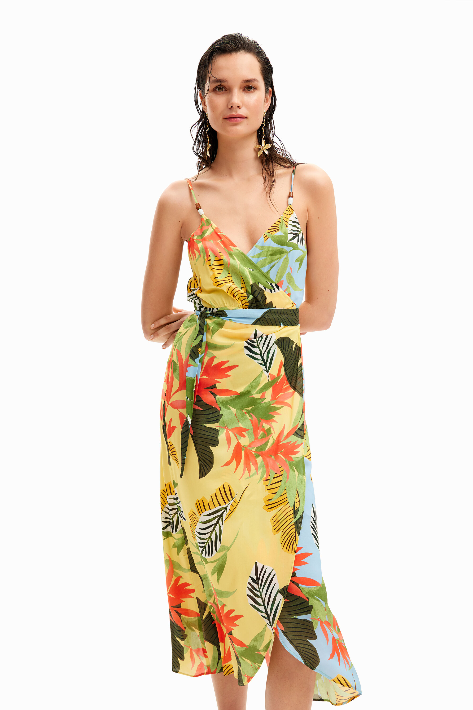 Vestido midi cruzado tropical de mujer I Desigual