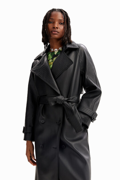 Belted leather-effect trench coat