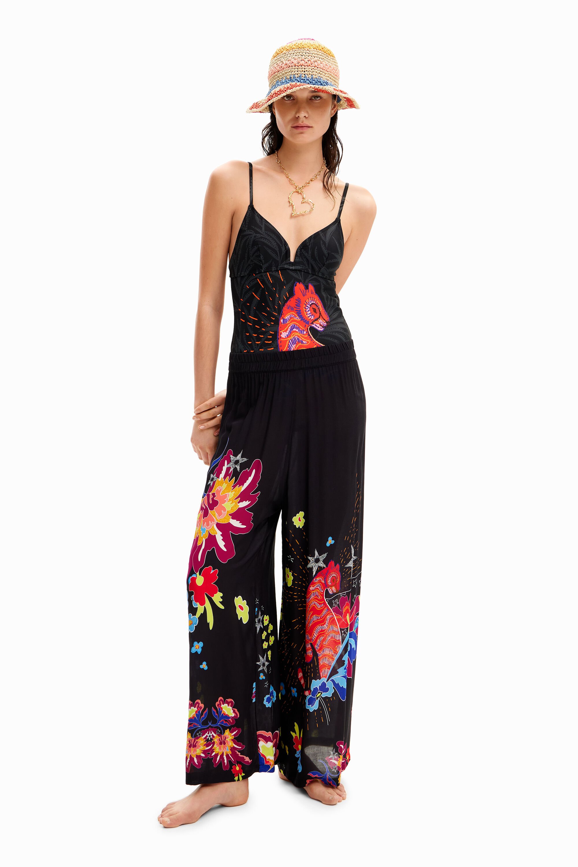 Desigual Jungle Design Palazzo Trousers In Black